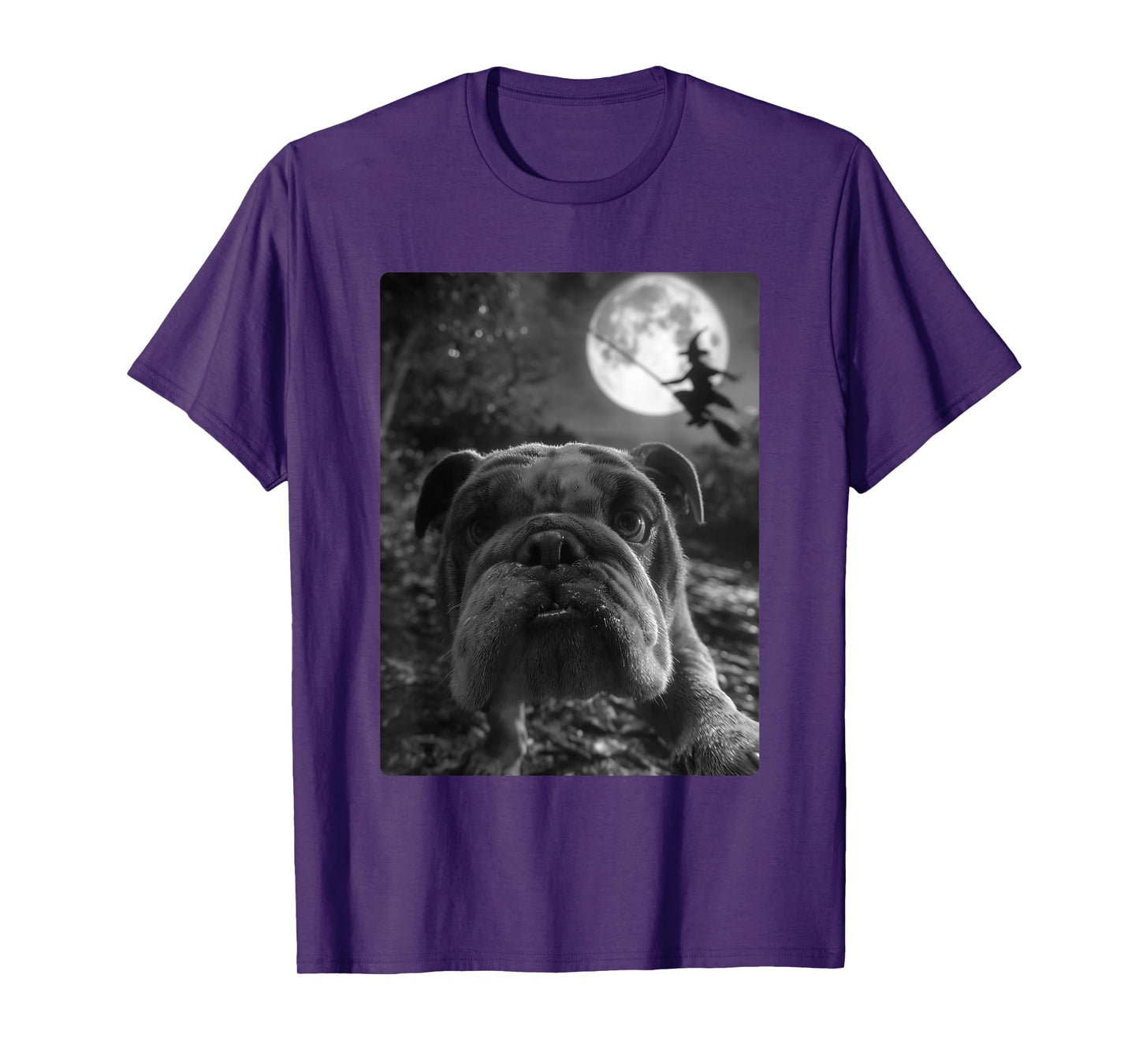 British Bulldog Selfie Full Moon Flying Witch Halloween Dog T-Shirt