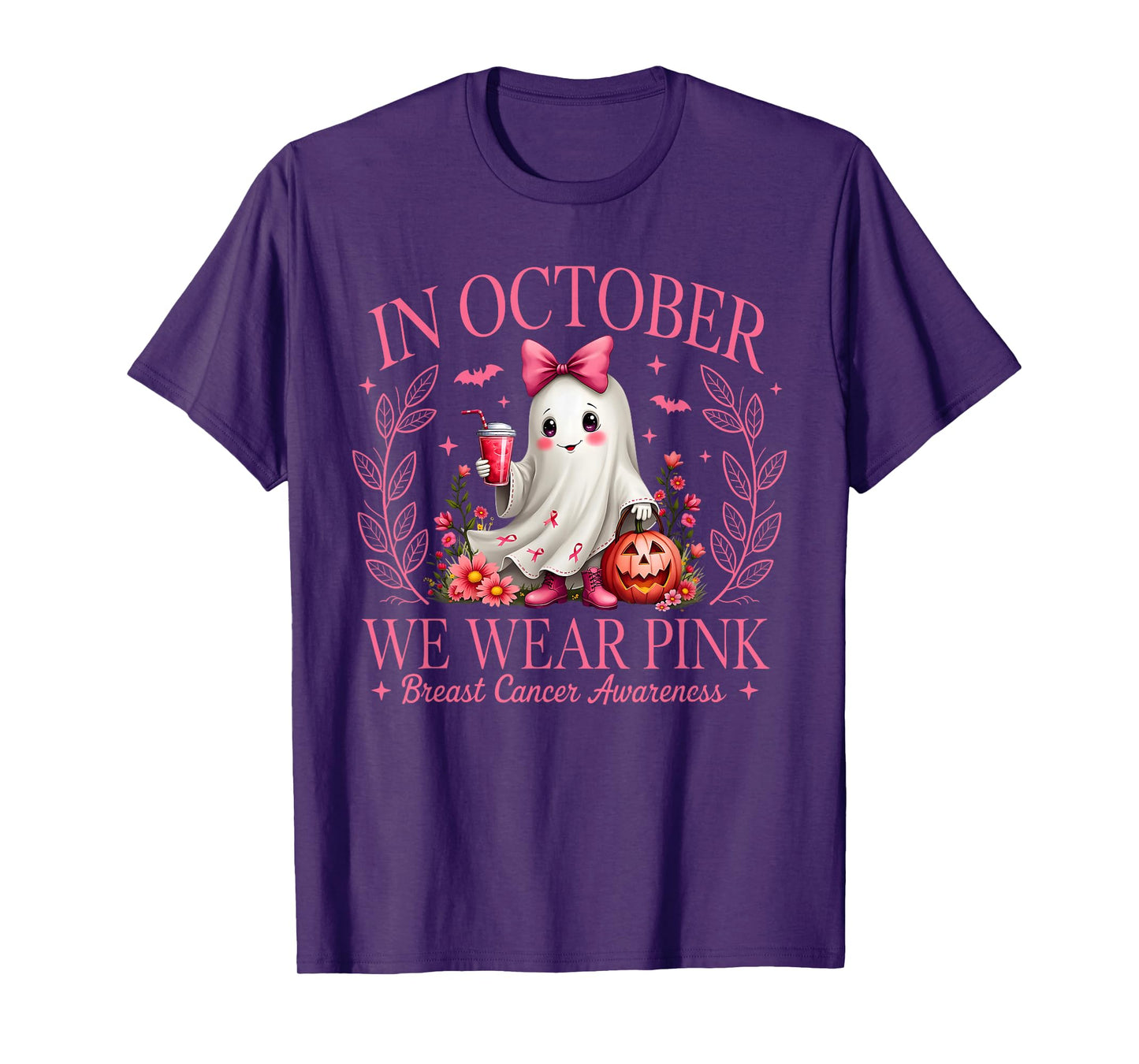 in October We Wear Pink Ghost Witch Breast Cancer Awareness T-Shirt