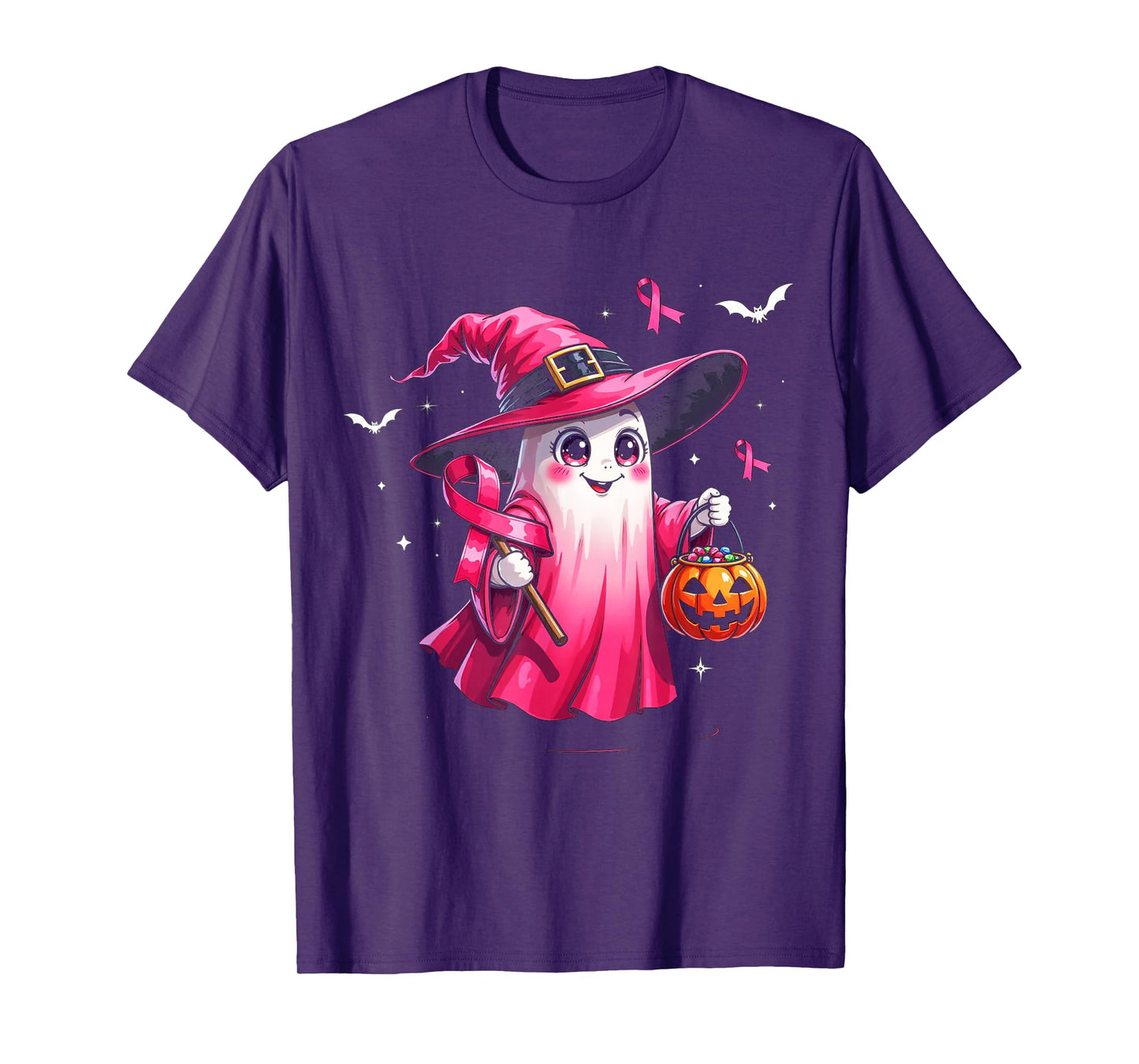 Cute Pink Ghost with Witch Hat Breast Cancer Awareness 2025 T-Shirt