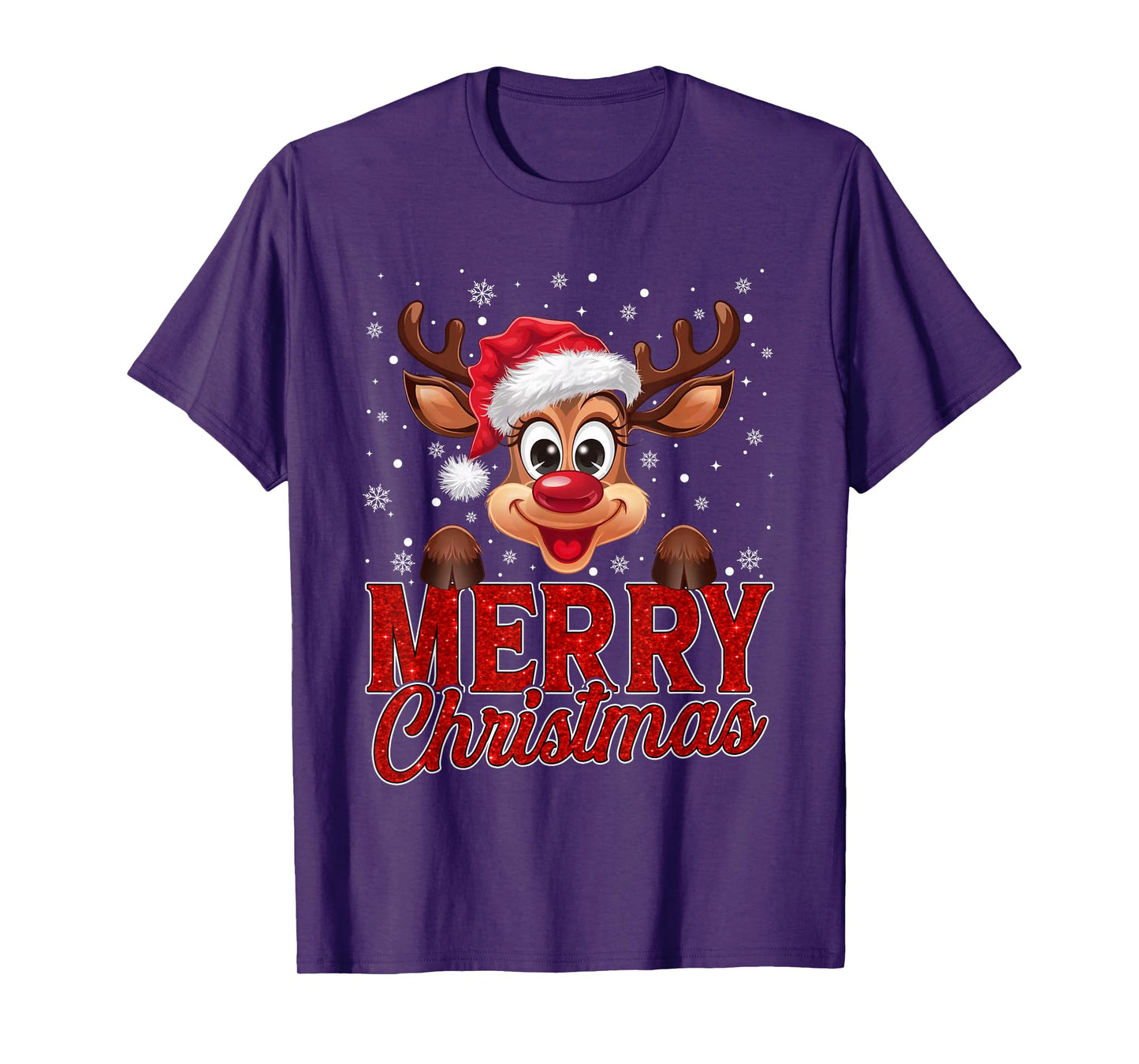 Merry Christmas Rudolph Reindeer Santa Hat Xmas Snowflakes T-Shirt