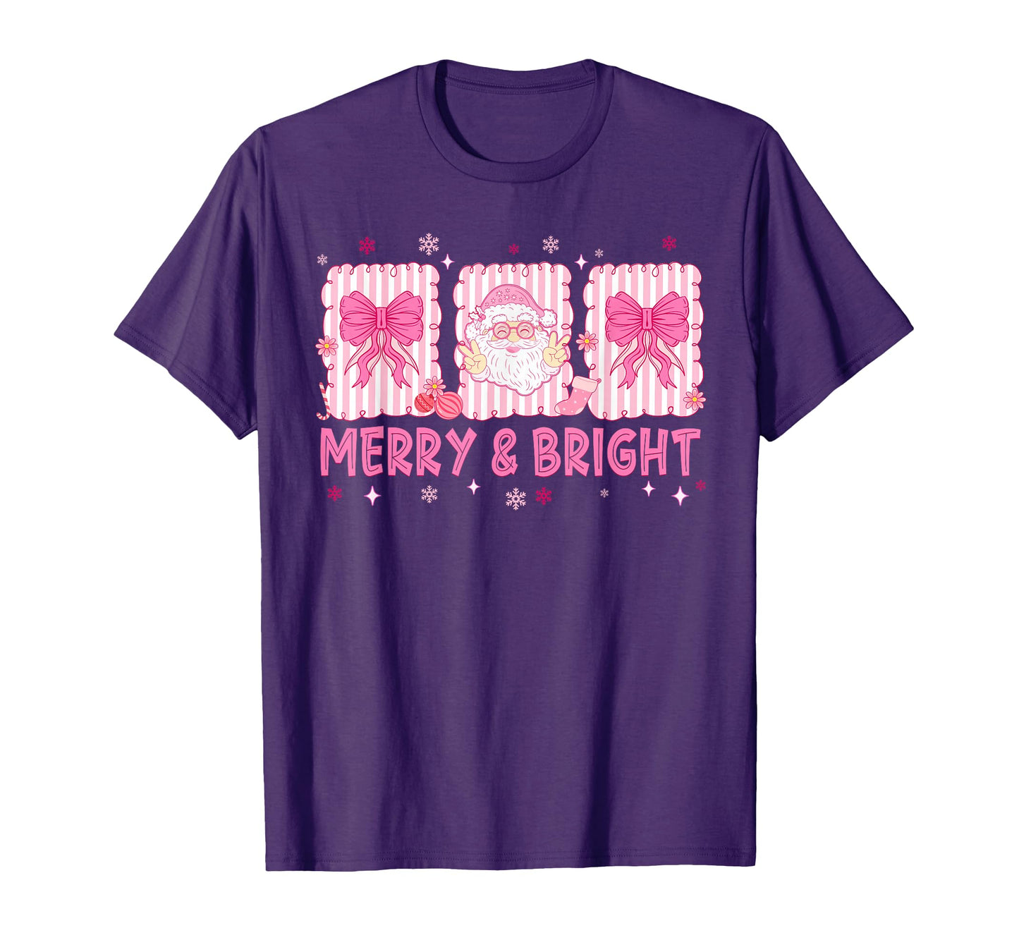 Preppy Merry and Bright Pink Santa Coquette Bow Girl Women T-Shirt