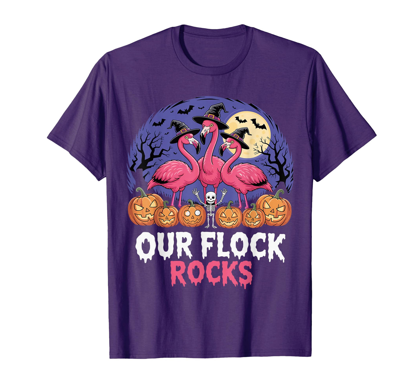 Our Flock Rocks Halloween Flamingo Funny Witch Costume T-Shirt