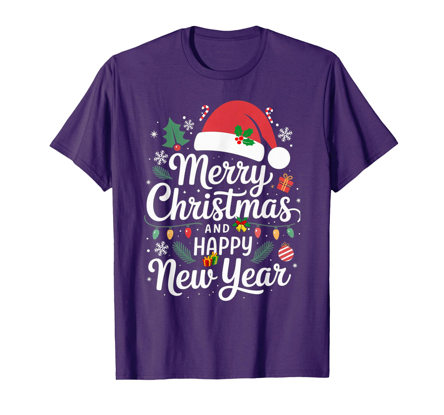 Merry Christmas Lights Red Santa Hat and Happy New Year T-Shirt