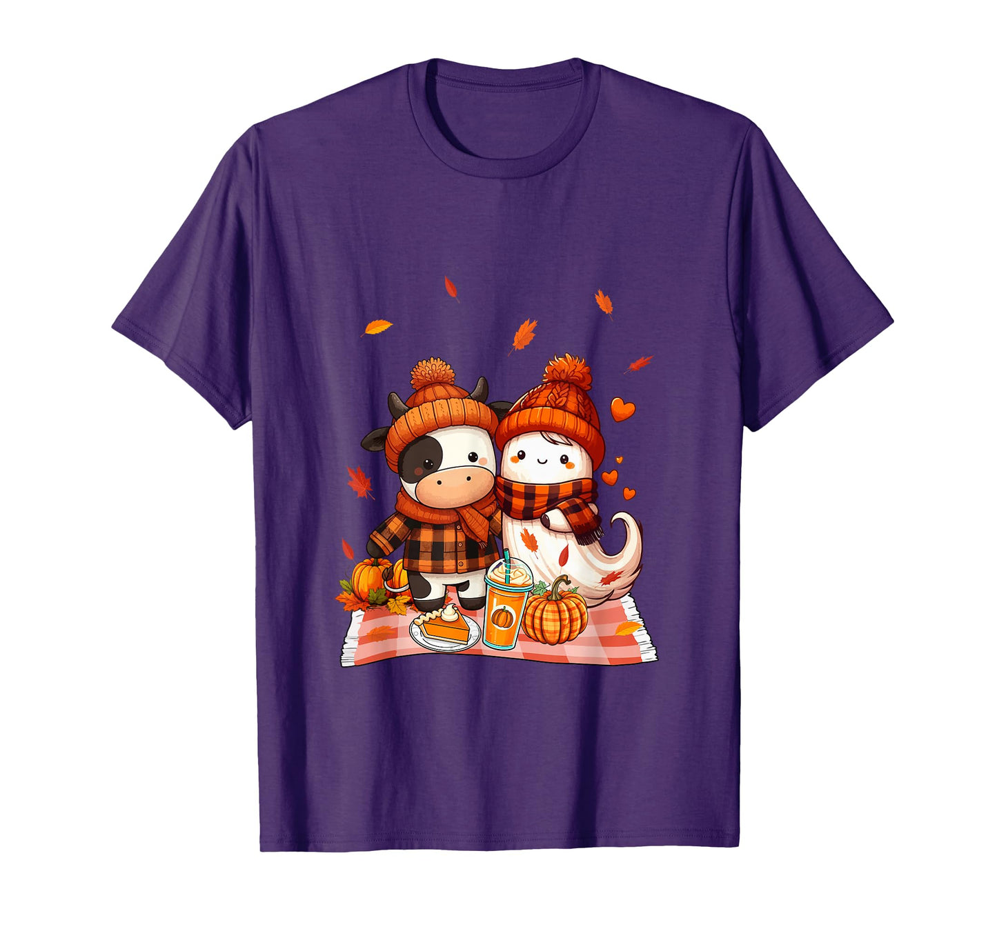 Cow with Boo Halloween Thanksgiving Fall Leaves Pumpkins T-Shirt