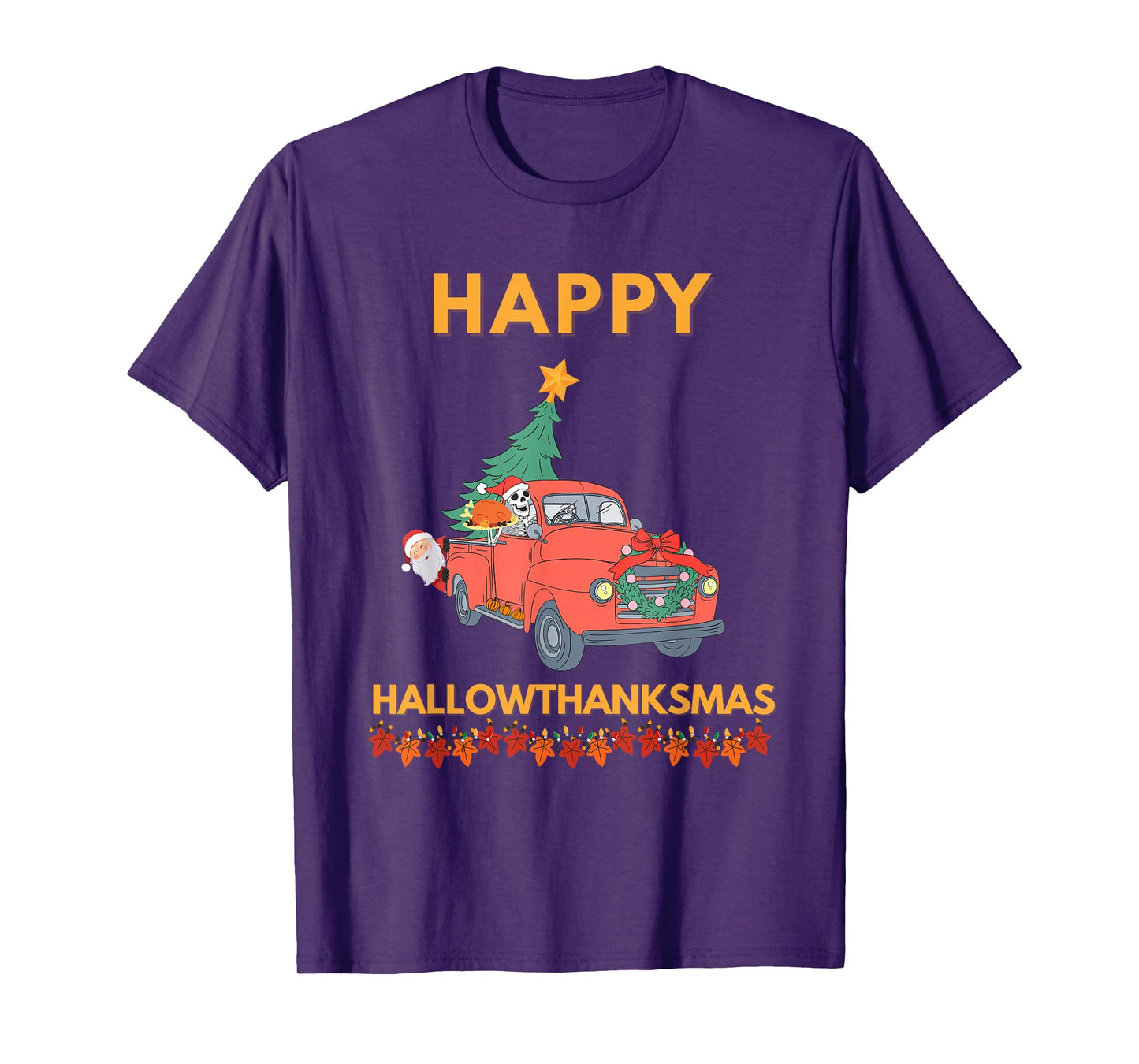 Skeleton Driving Santa Hallowthanksmas Funny Holiday Joke T-Shirt