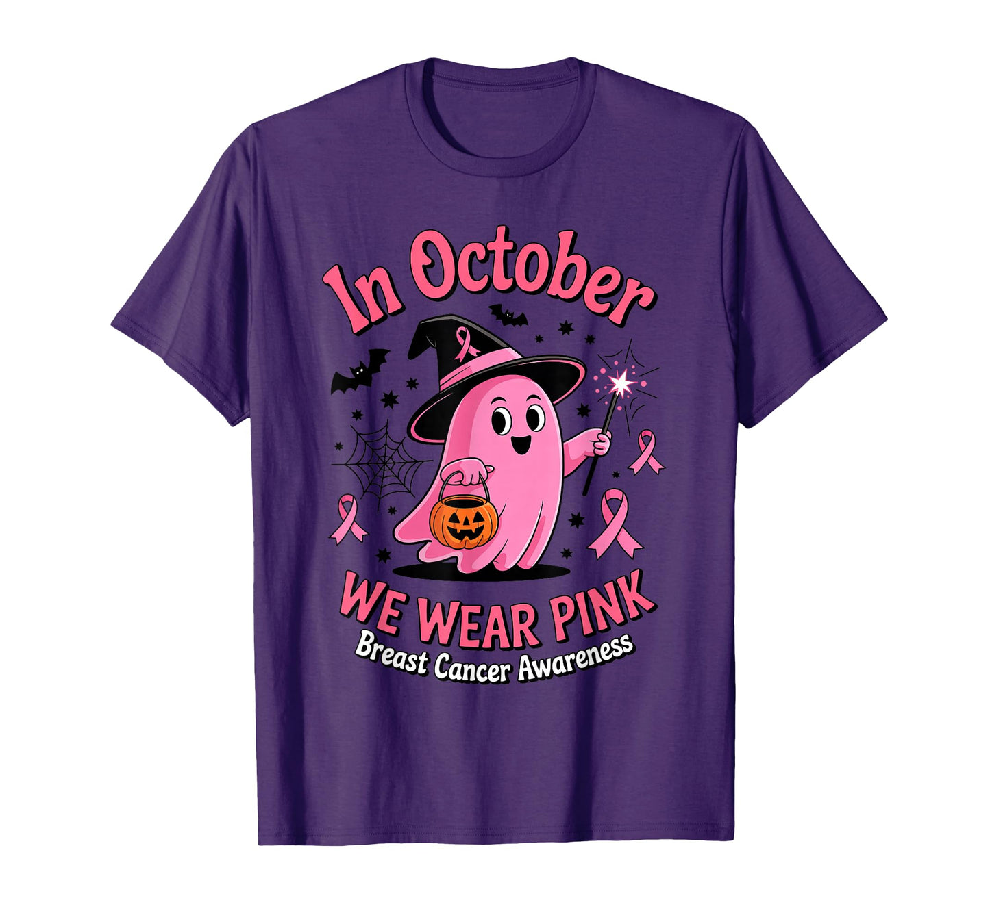 Cute Ghost Witch Pumpkin Breast Cancer Awareness Pink Ribbon T-Shirt