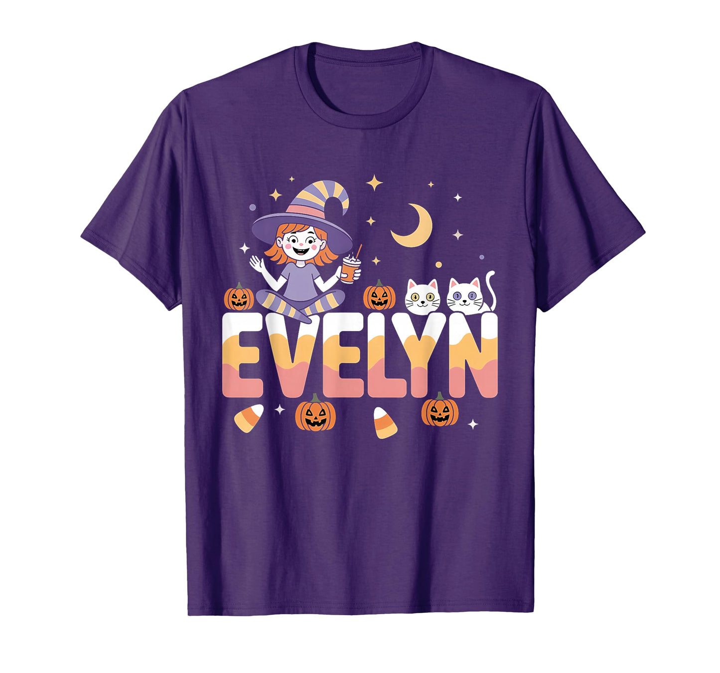 Evelyn Witch Candy Corn Cat Halloween Women and Girls T-Shirt