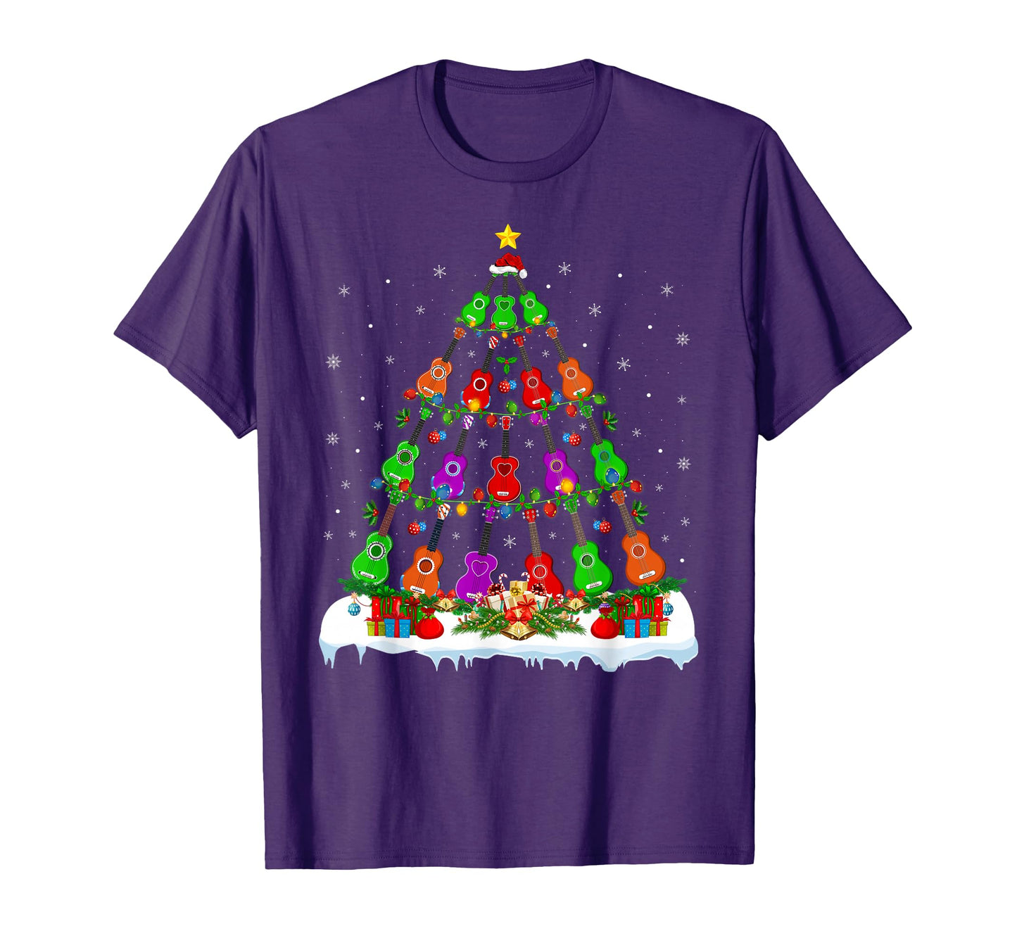 Music Lover Musical Ukulele Guitar Christmas Tree Lights T-Shirt