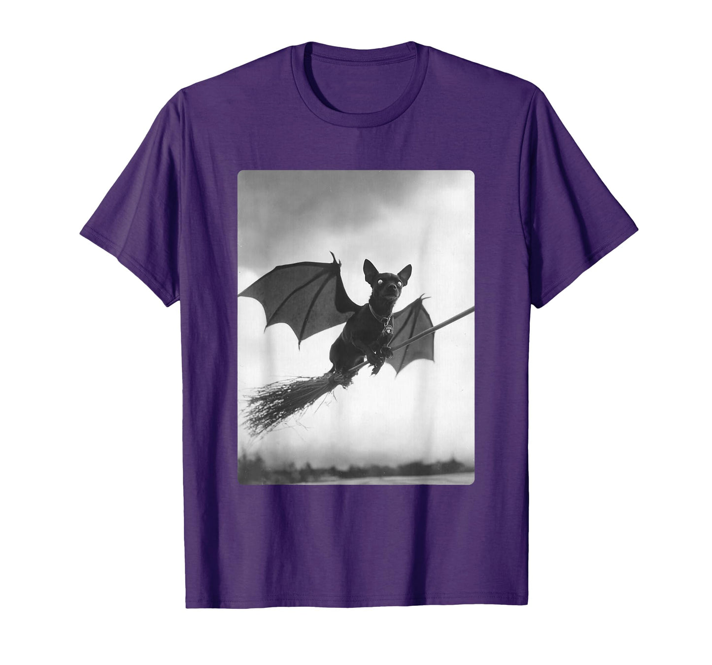 Gothic Chihuahua Witch Broom Bat Wings Spooky Halloween Dog T-Shirt