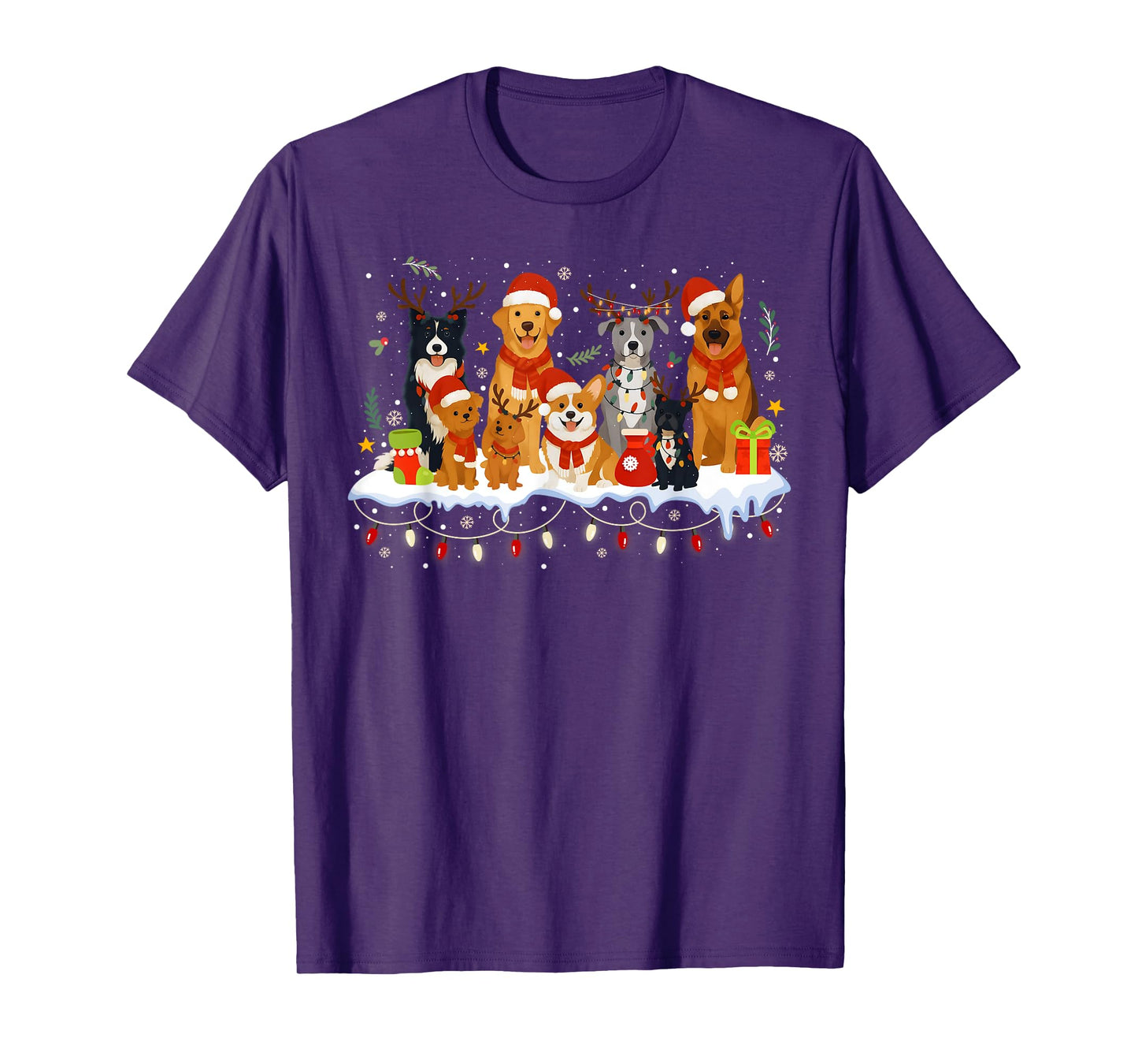 Cute Dogs in Santa Hats Xmas Holiday Christmas Lights T-Shirt