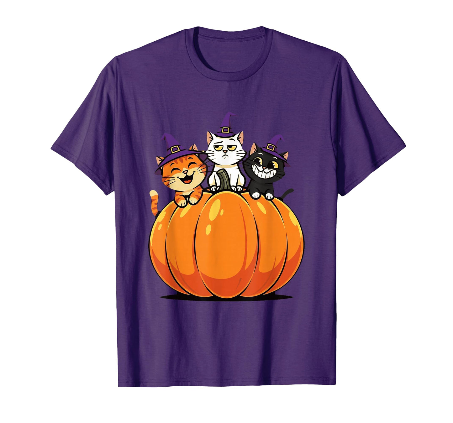 Three Witch Cats on Pumpkin - Funny Halloween Cat Lover T-Shirt
