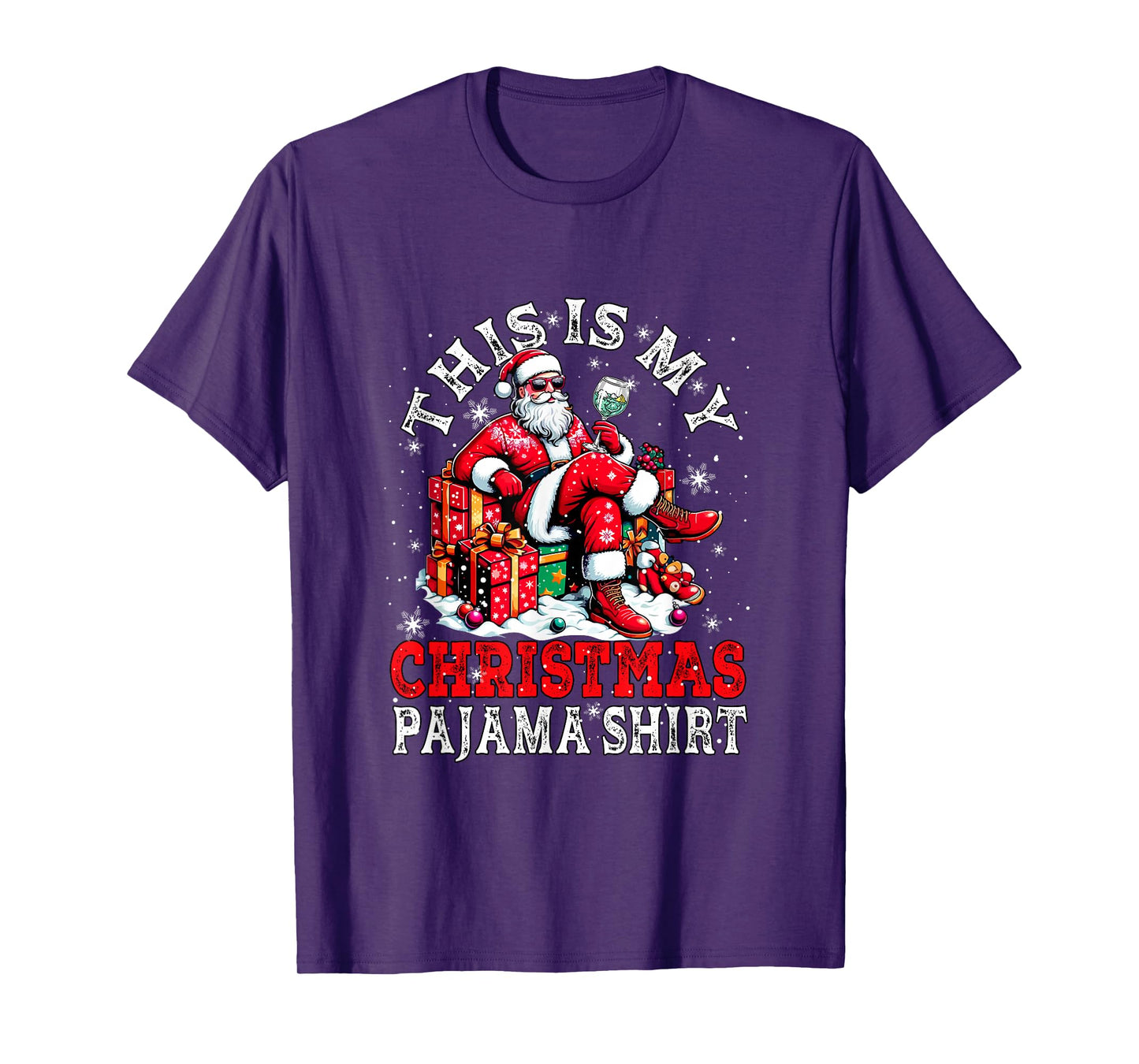 My Christmas Pajama Shirt Santa Sunglasses Drinking Gin T-Shirt
