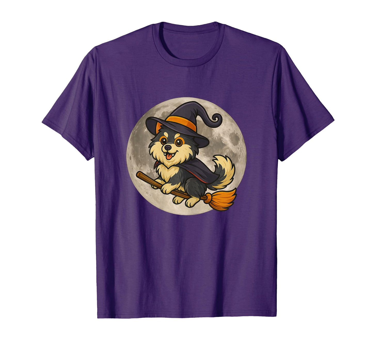 Pomsky Witch Halloween, Cute Dog Flying on Broom T-Shirt