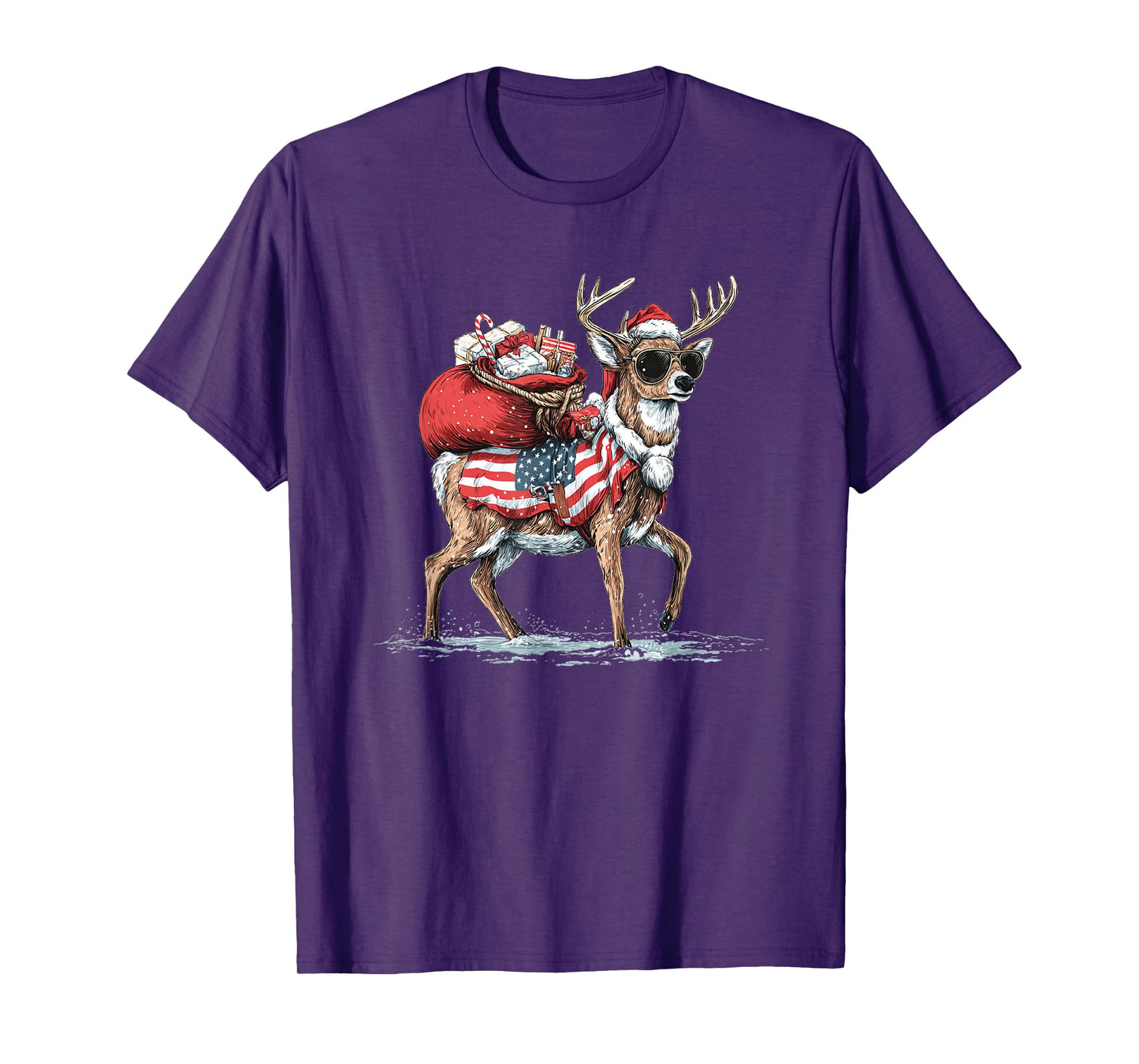Cool Santa's Reindeer with Sunglasses and US Colors T-Shirt