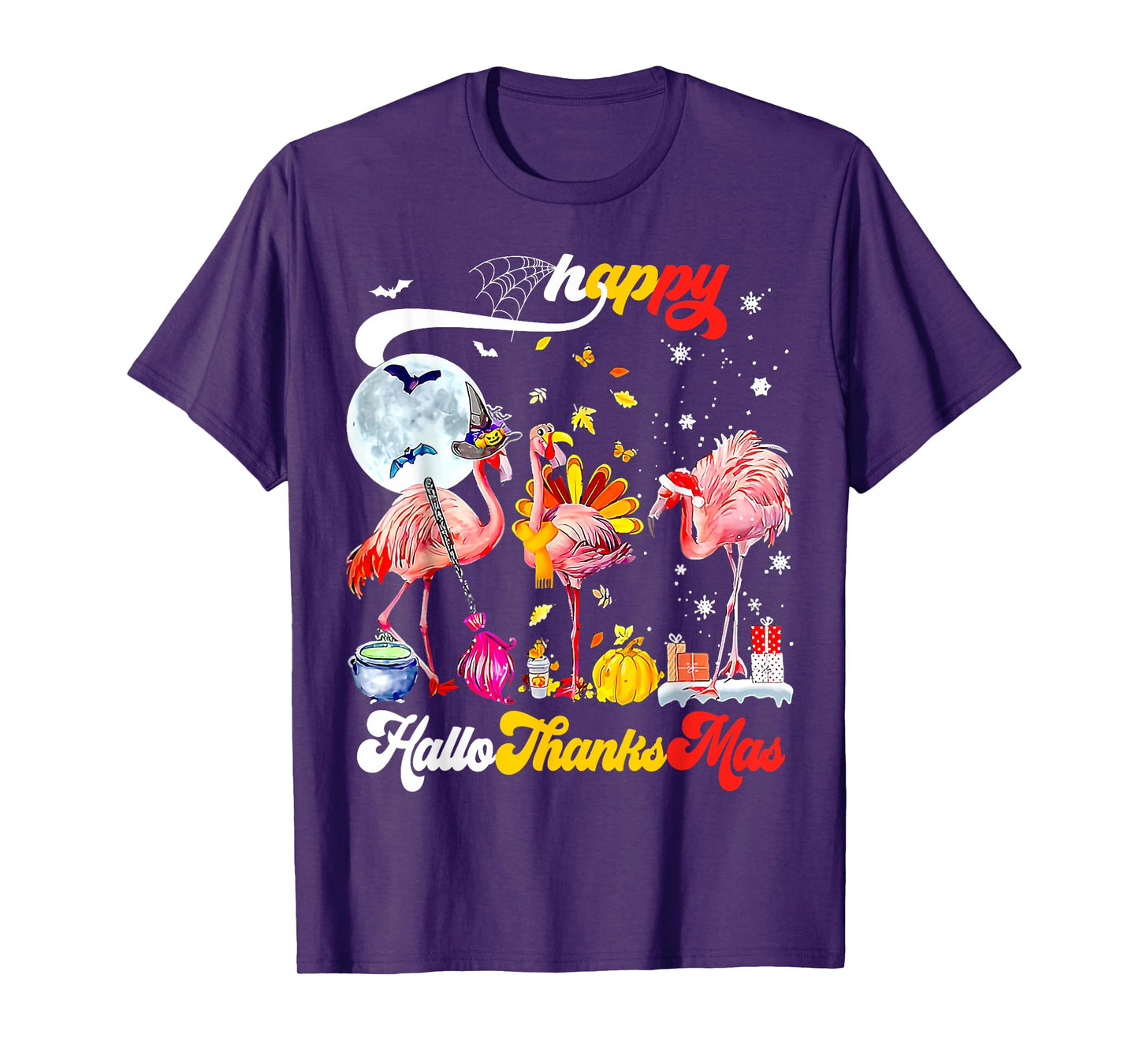 Flamingo Happy HalloThanksmas Halloween Thanksgiving Xmas T-Shirt
