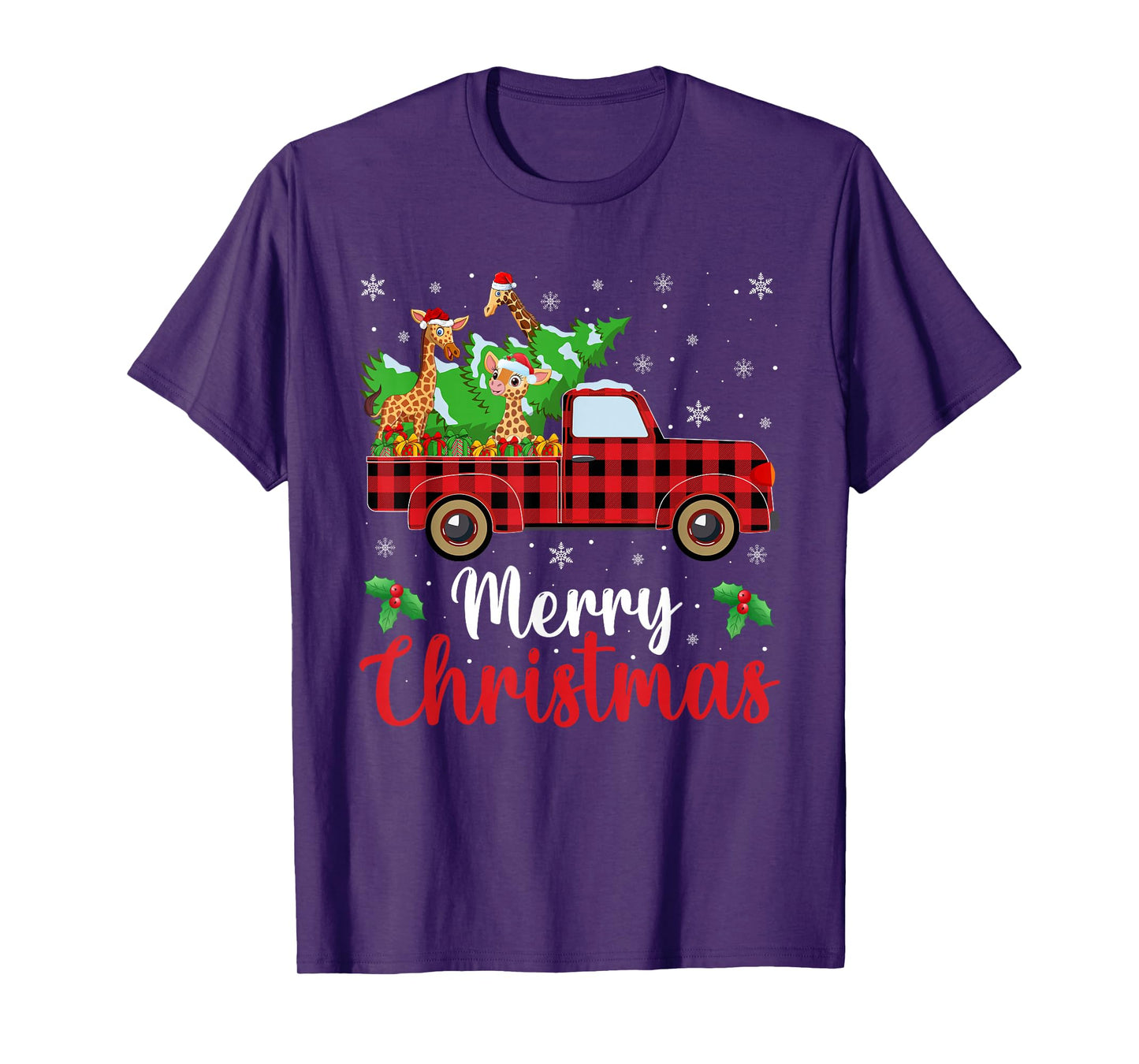 Giraffe Christmas Tree Truck Buffalo Plaid Xmas Christmas T-Shirt