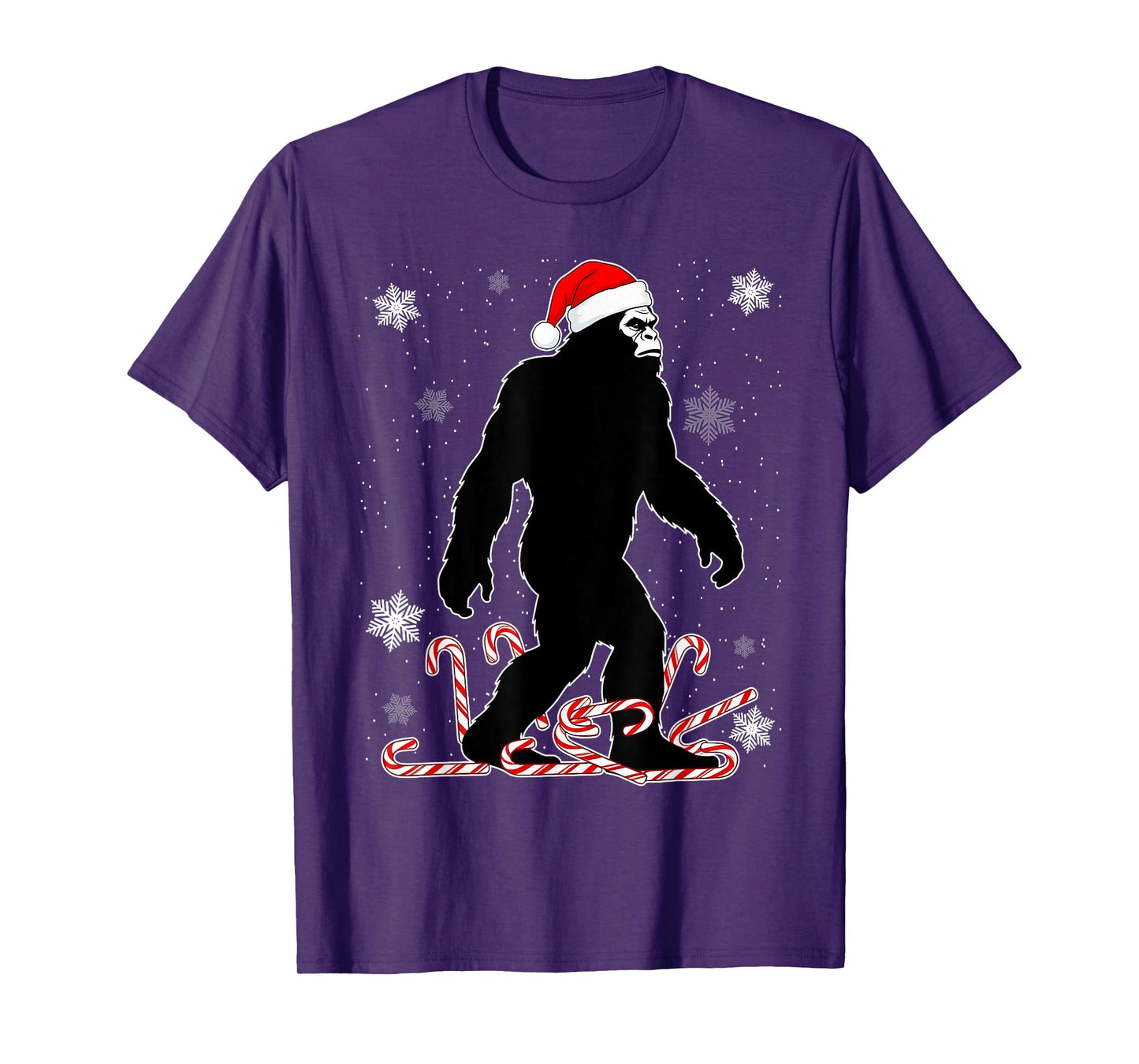 Funny Christmas Bigfoot with Santa Hat Carrying Candy Canes T-Shirt