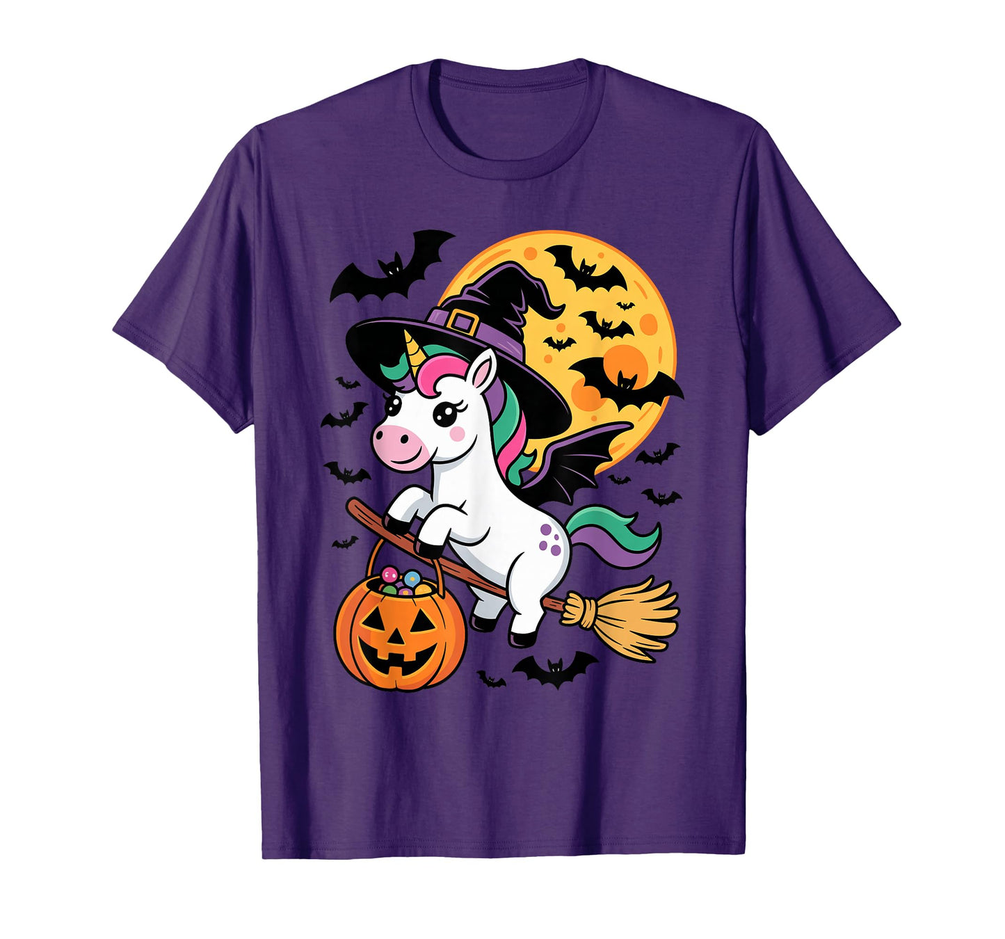 Kawaii Unicorn in Witch Hat on a Broom Halloween Costume T-Shirt
