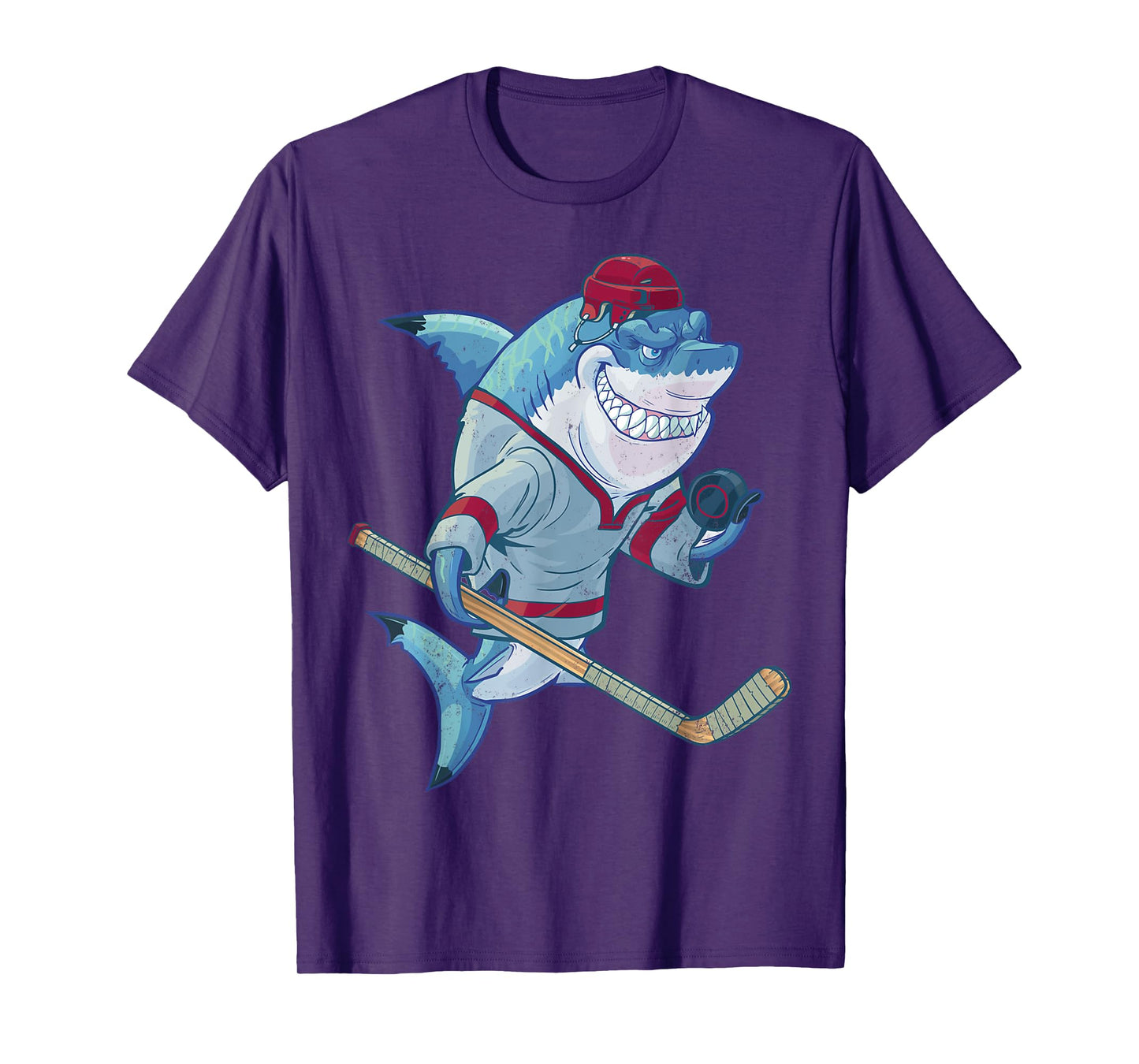 Hockey Shark With Stick Helmet Puck Funny Sharks Lover T-Shirt