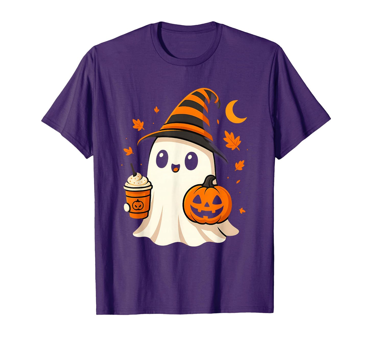 Cute Ghost Drinking ice Coffee Funny Halloween Pumpkin T-Shirt