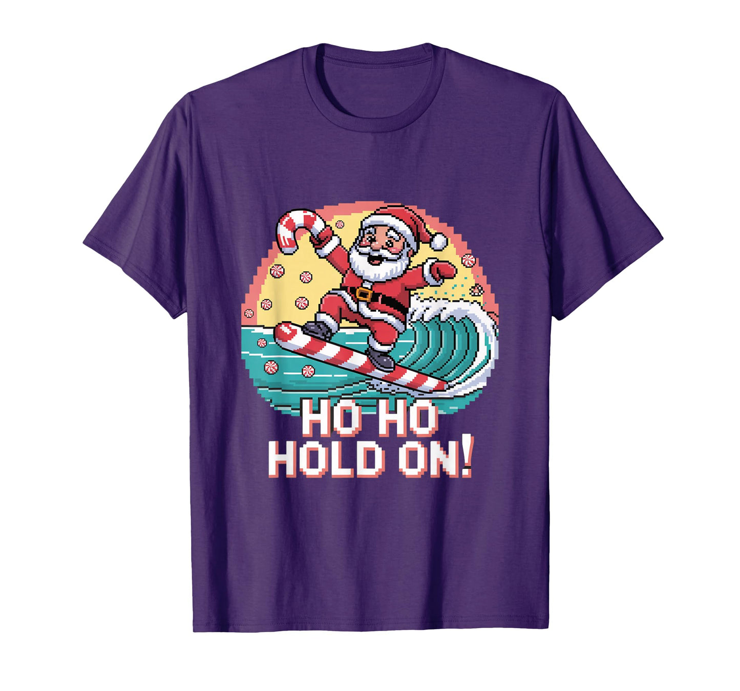 Ho Ho Hold On Pixel Santa Surf Design T-Shirt
