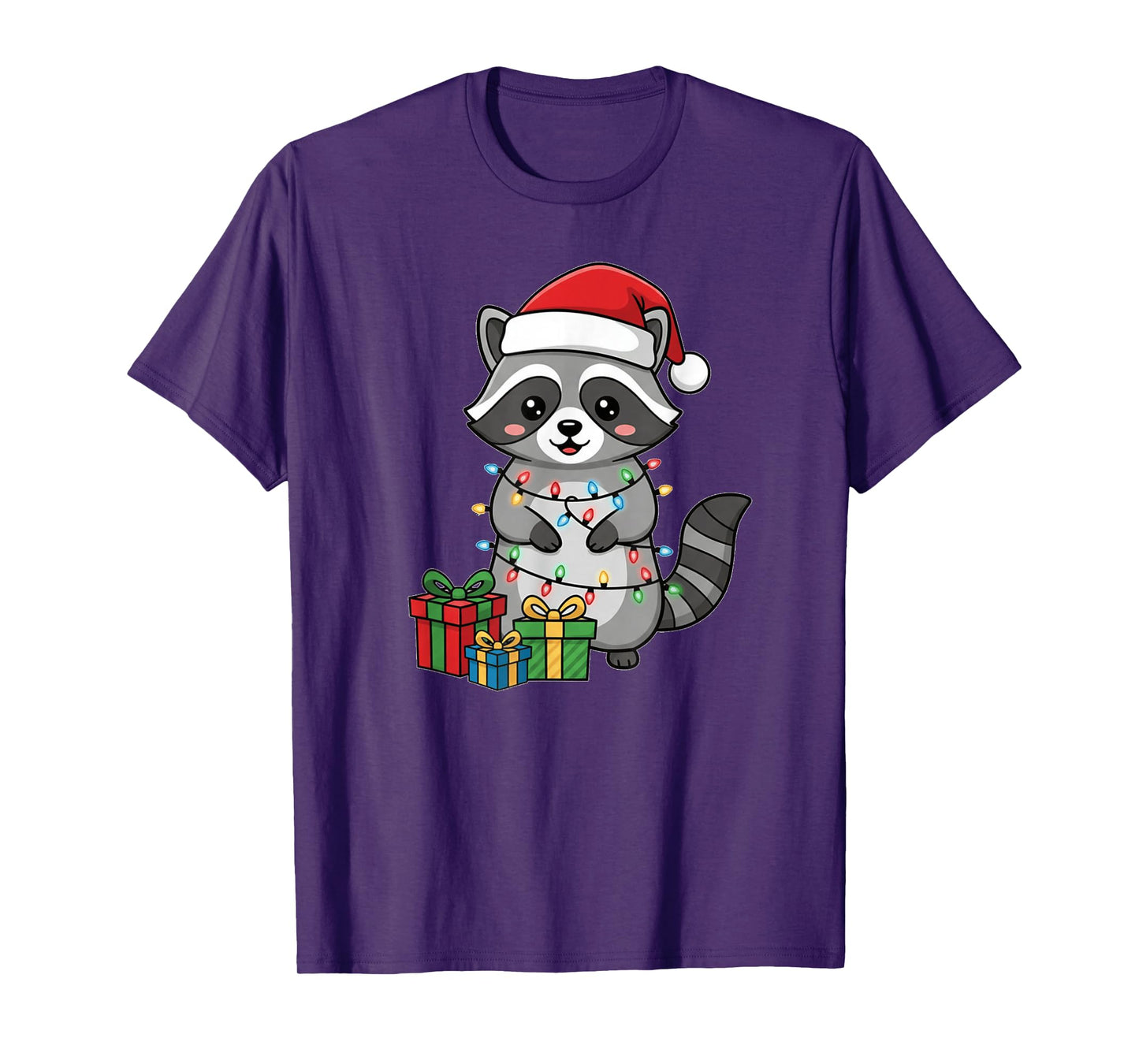 Christmas Raccoon Cartoon Cute Chibi Kawaii Santa Hat Lights T-Shirt