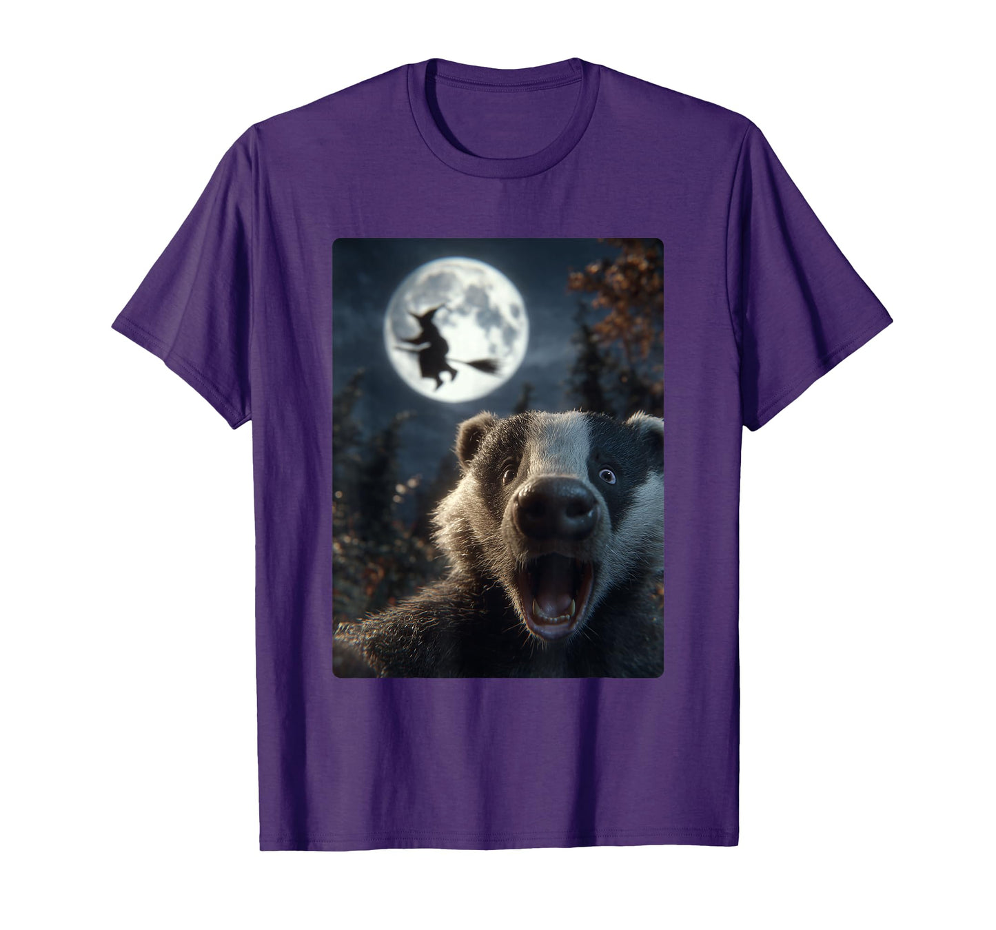 Funny Badger Selfie Full Moon Flying Witch Forest Halloween T-Shirt