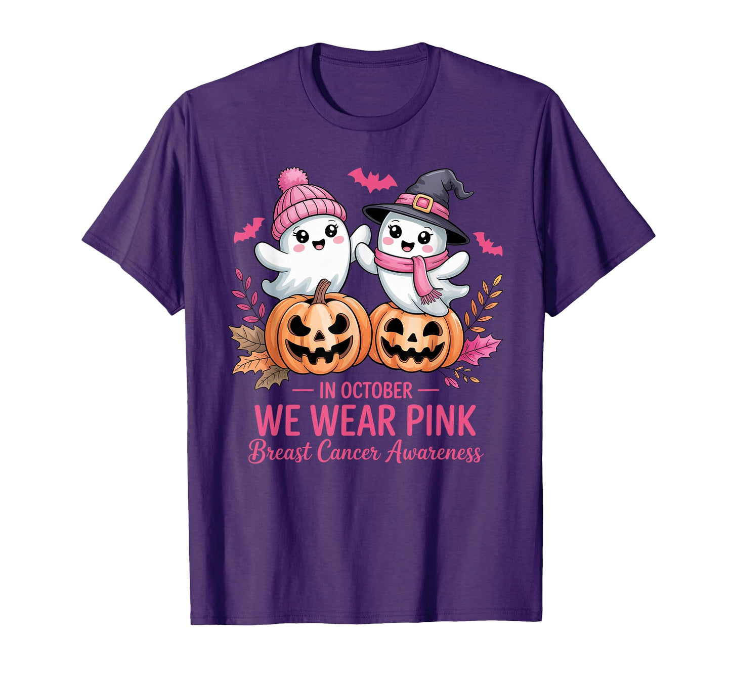 in October We Wear Pink Ghost Witch Breast Cancer Awareness T-Shirt