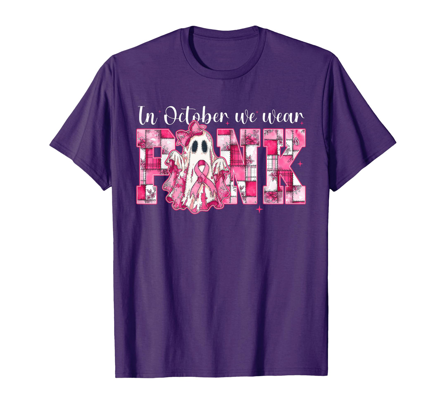 in October We Wear Pink Ghost Witch Breast Cancer Awareness T-Shirt