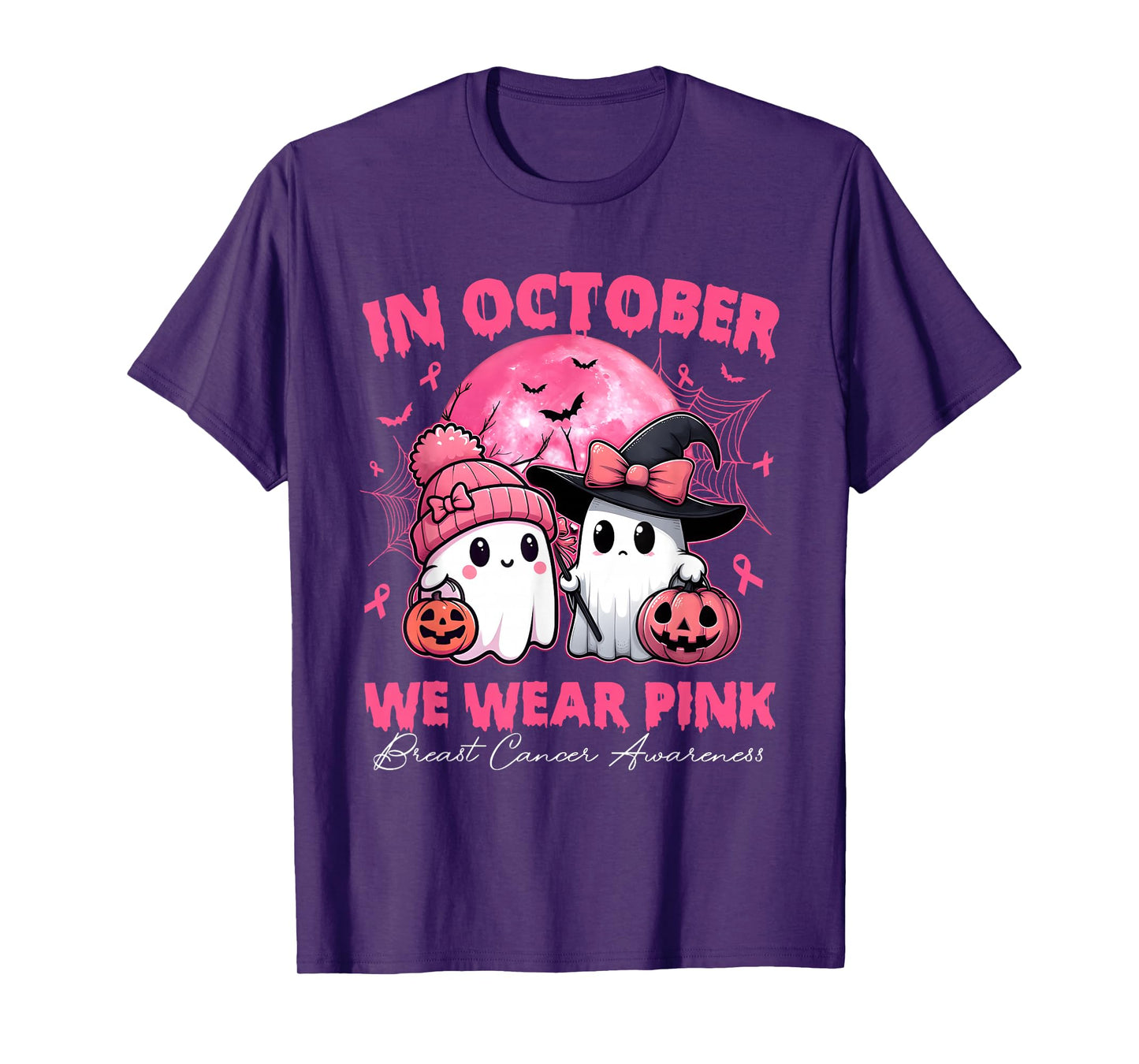 in October We Wear Pink Ghost Witch Breast Cancer Awareness T-Shirt