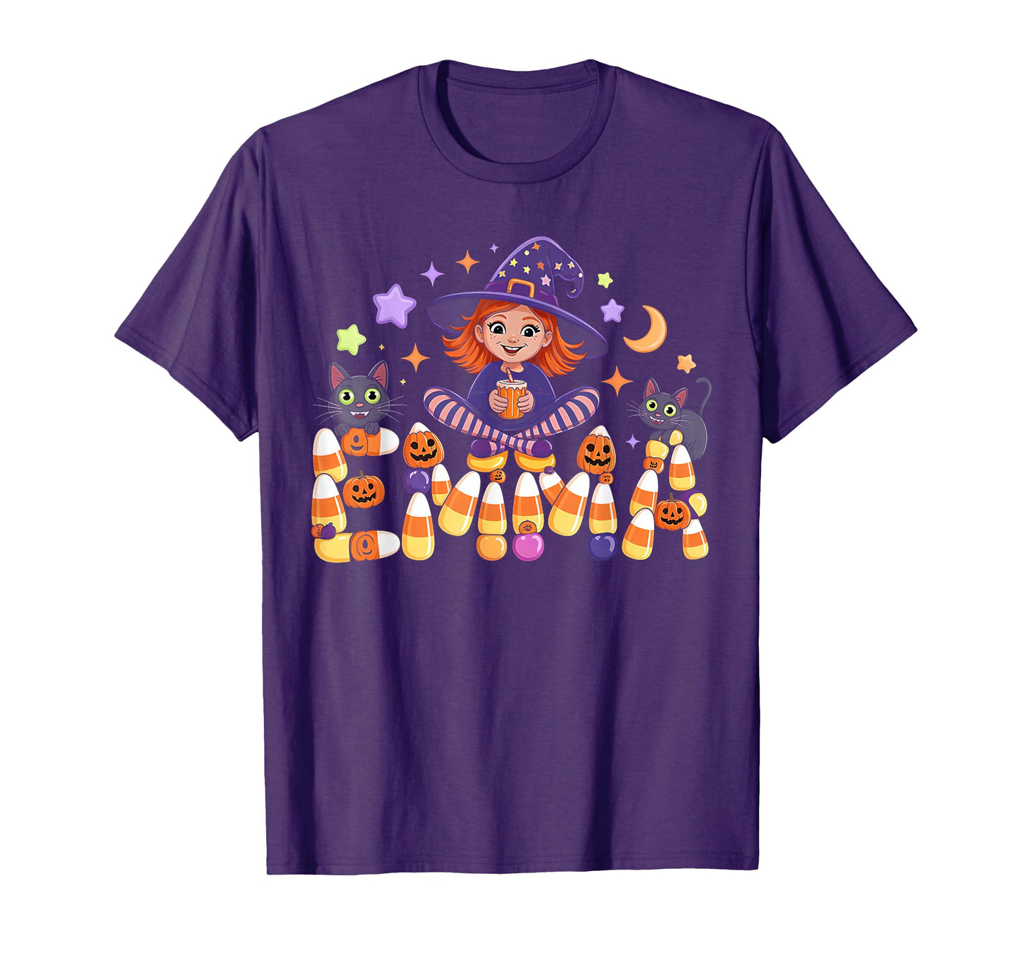 Emma Witch Candy Corn Cat Halloween Women and Girls T-Shirt