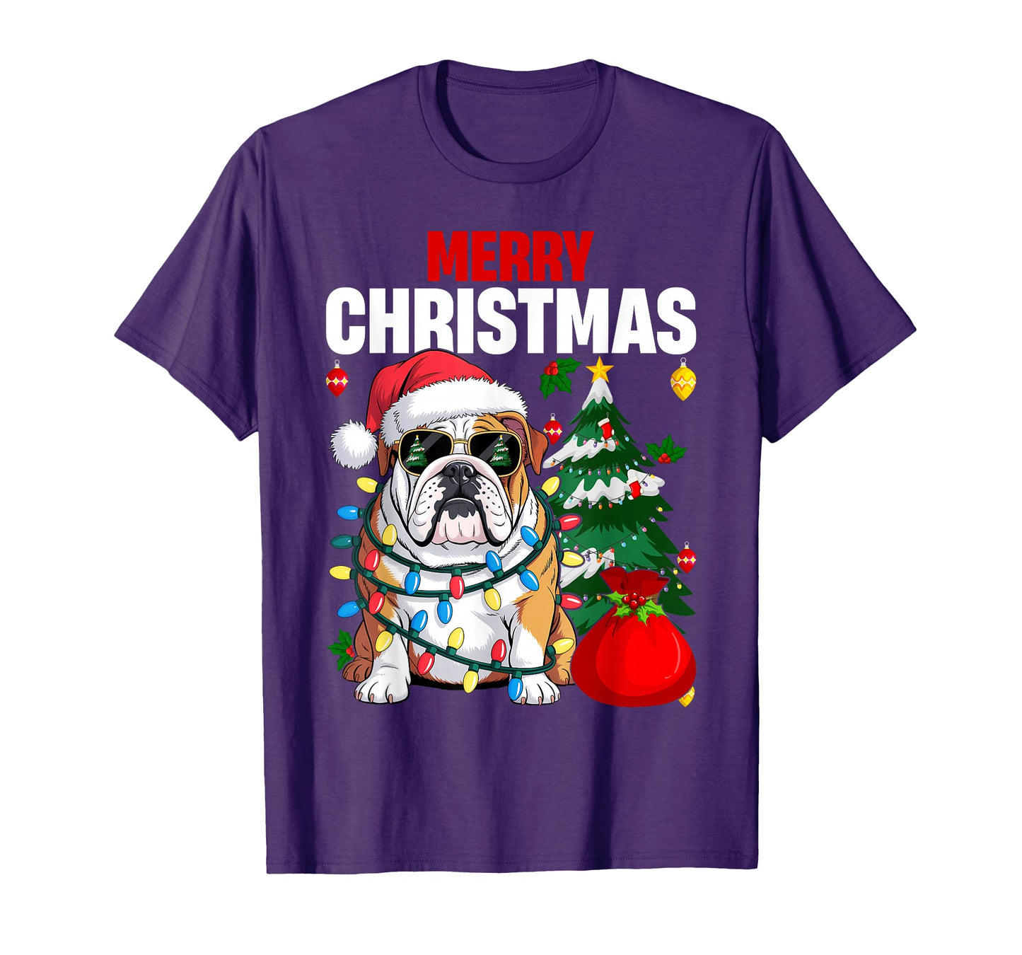 English Bulldog Santa Hat Christmas Pajama Dog X-Mas Tree T-Shirt