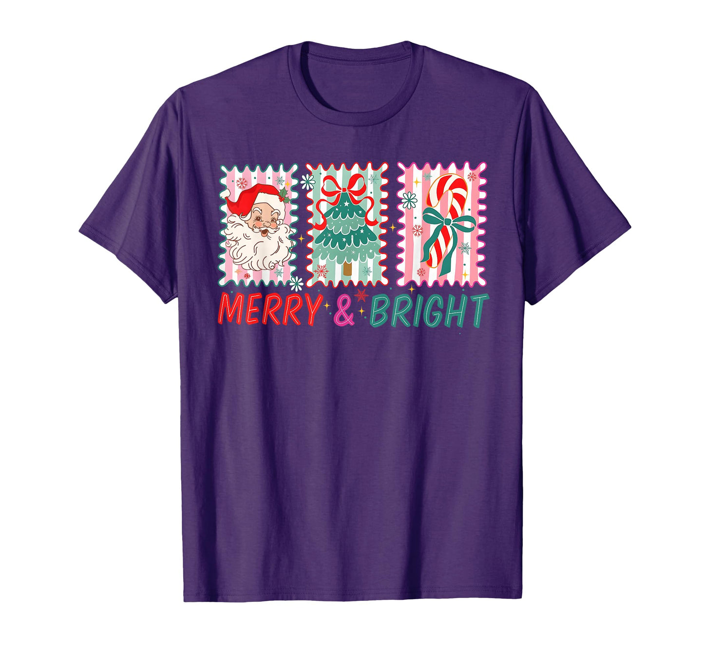 Merry Bright Christmas Tree Santa Candy Cane Coquette Bow T-Shirt