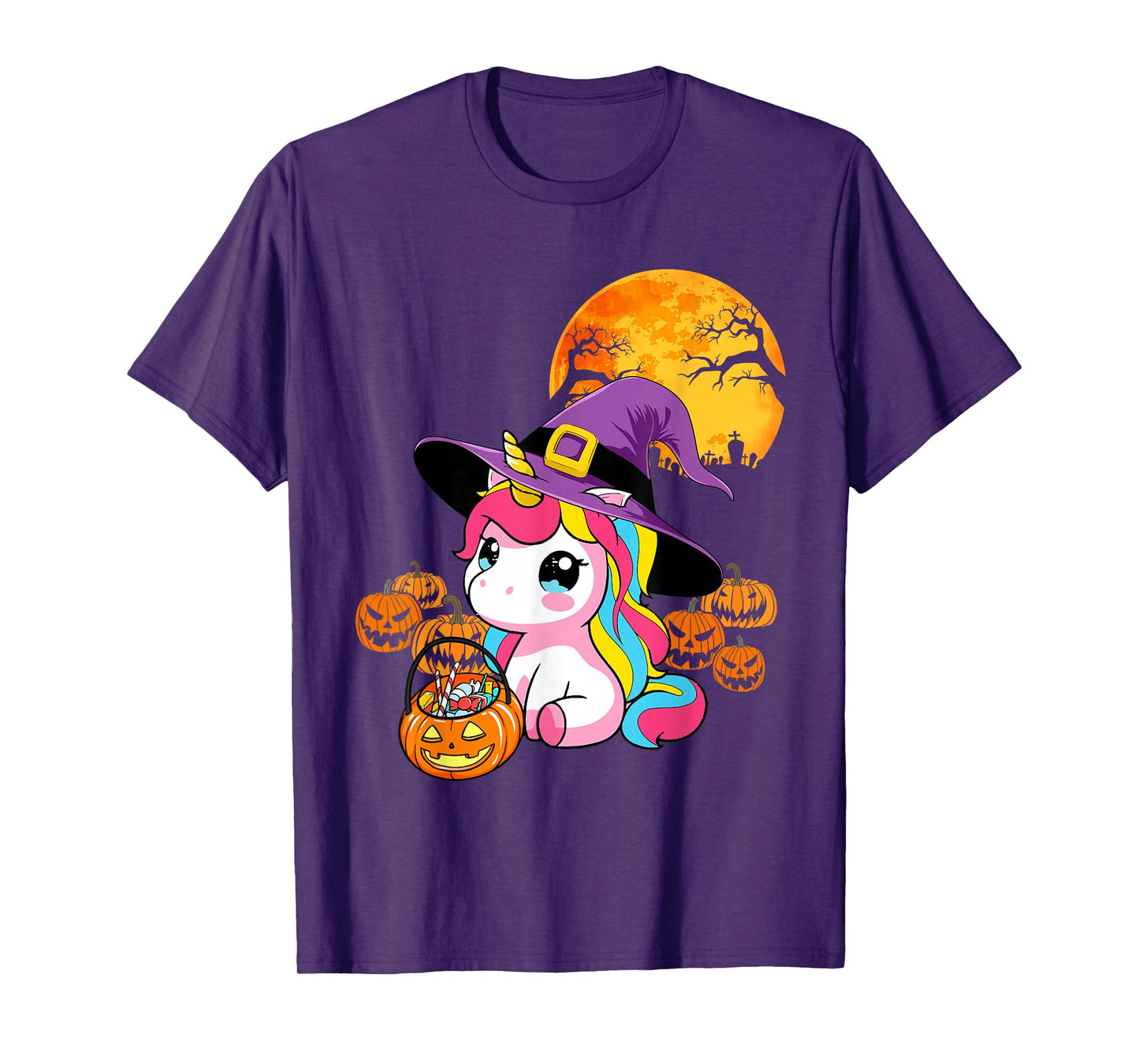 Cute Halloween Unicorn Witch Pumpkin Girls Women School T-Shirt