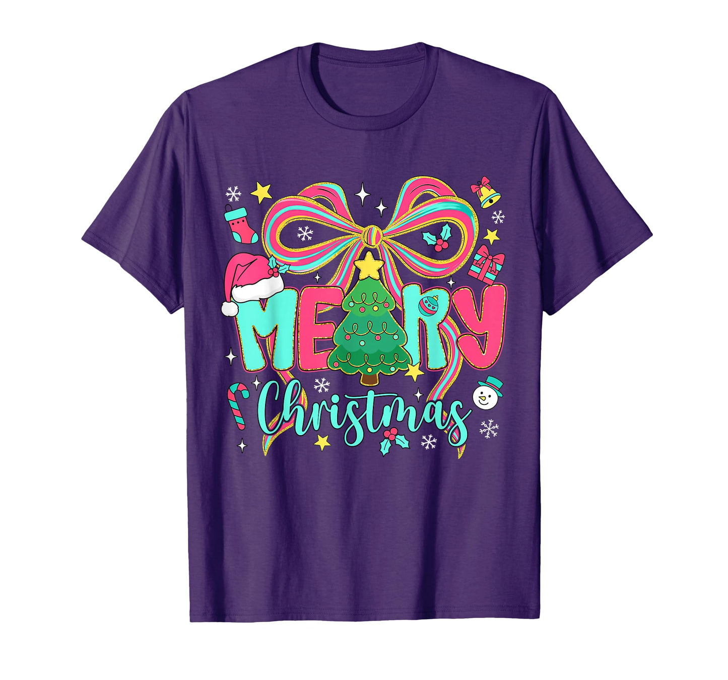 Preppy Merry Christmas Coquette Bow Pink Christmas Tree Girl T-Shirt