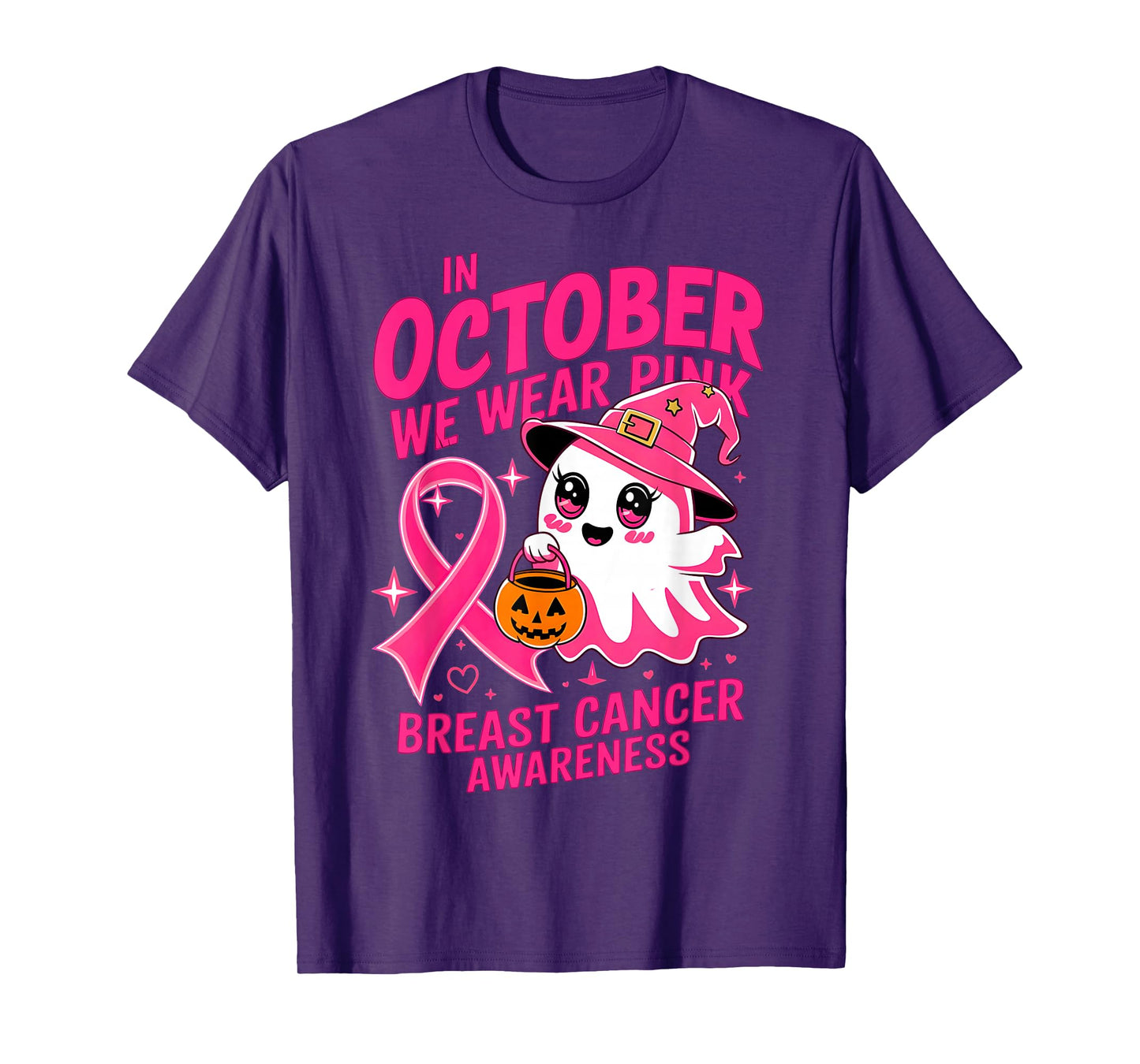 in October We Wear Pink Kawaii Ghost Breast Cancer Awareness T-Shirt