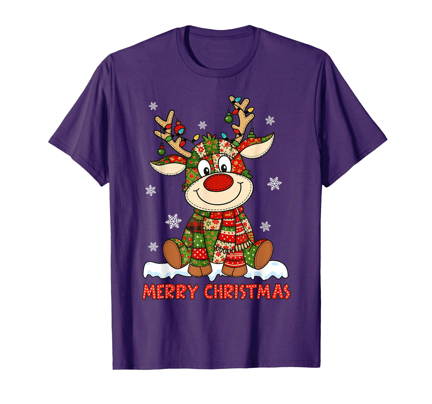 Merry Christmas Lighting Reindeer Patchwork Matching Family T-Shirt