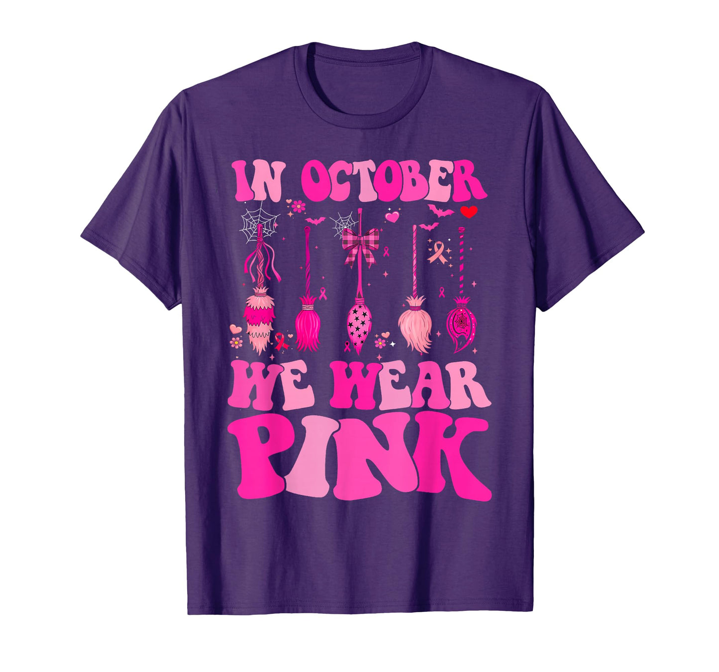 in October We Wear Pink Witch Broom Breast Cancer Awareness T-Shirt