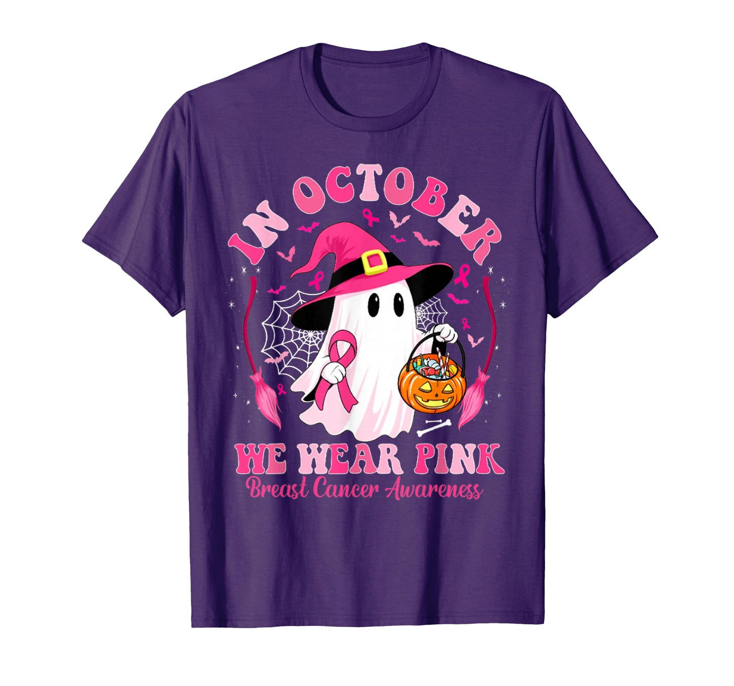 in October We Wear Pink Ghost Witch Breast Cancer Awareness T-Shirt