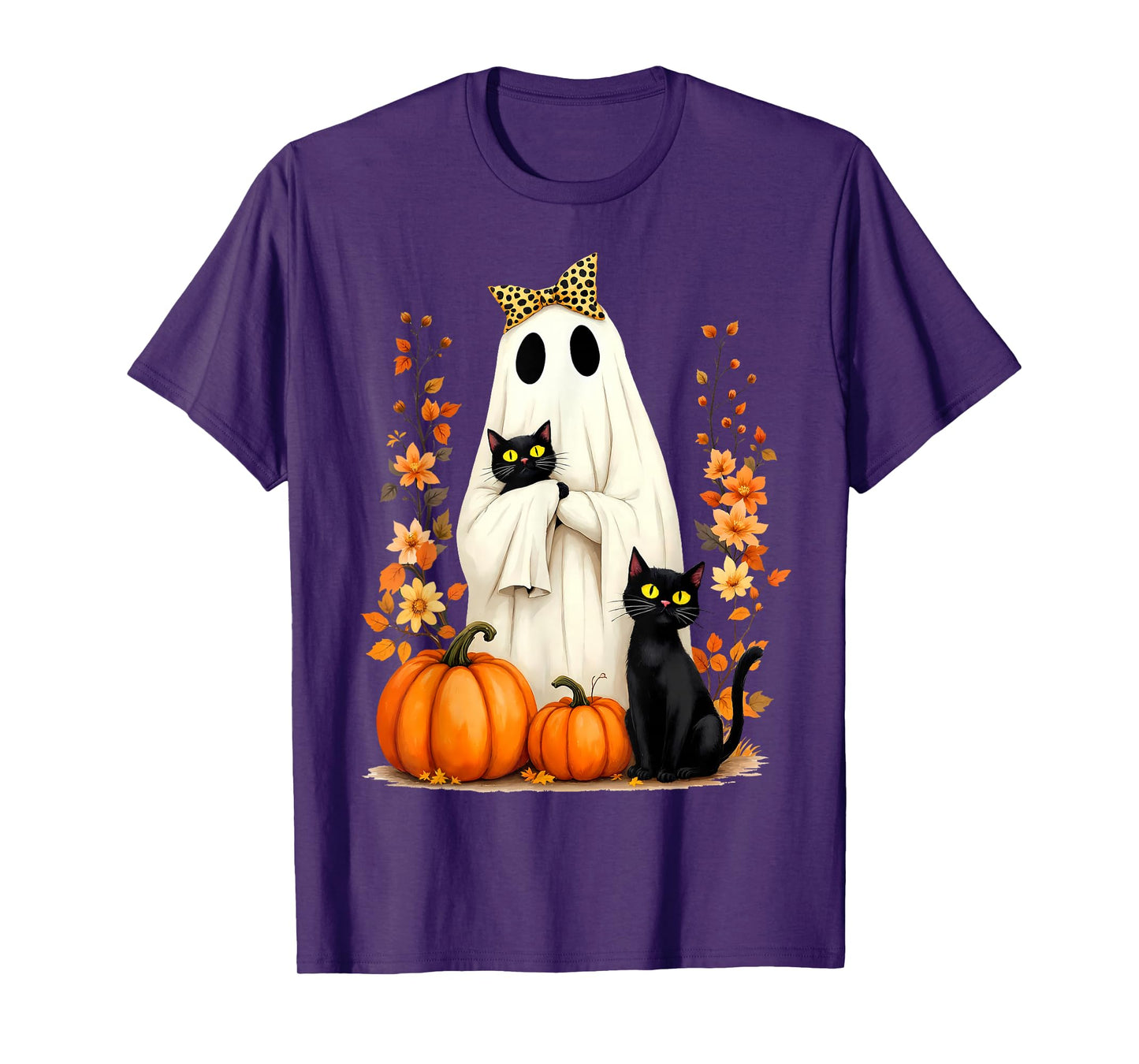 Ghost Holding Black Cat Halloween Cats Lover Women Floral T-Shirt