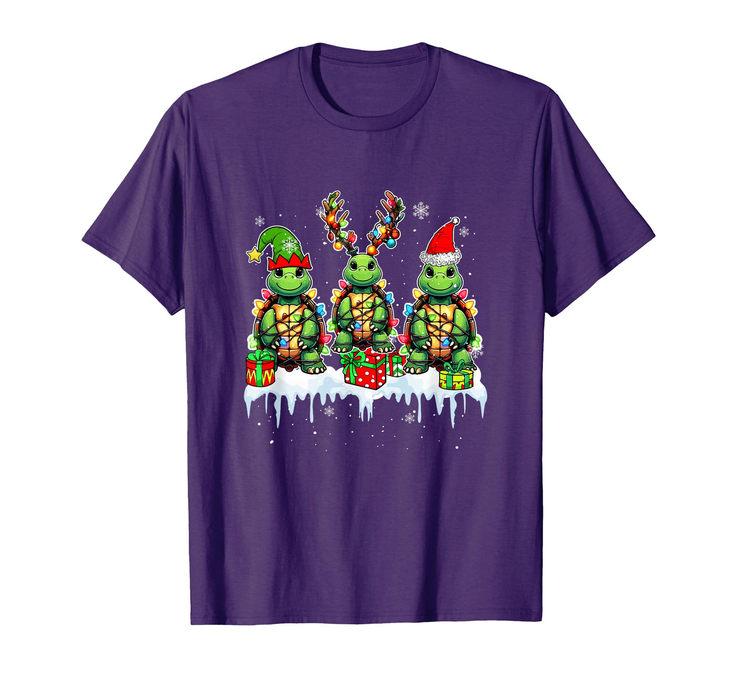Three Santa Reindeer Elf Turtles Christmas Colorful Lights T-Shirt