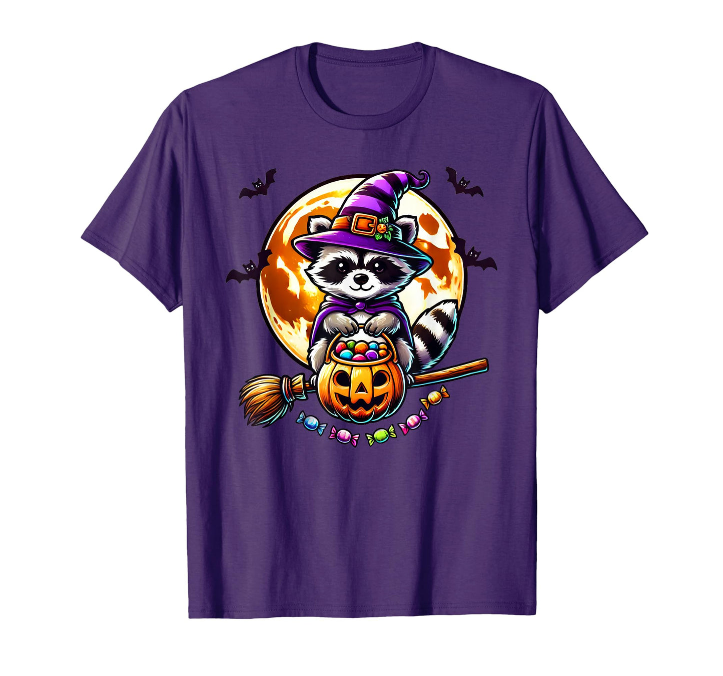 Cute Raccoon Witch Hat Pumpkin Halloween T-Shirt
