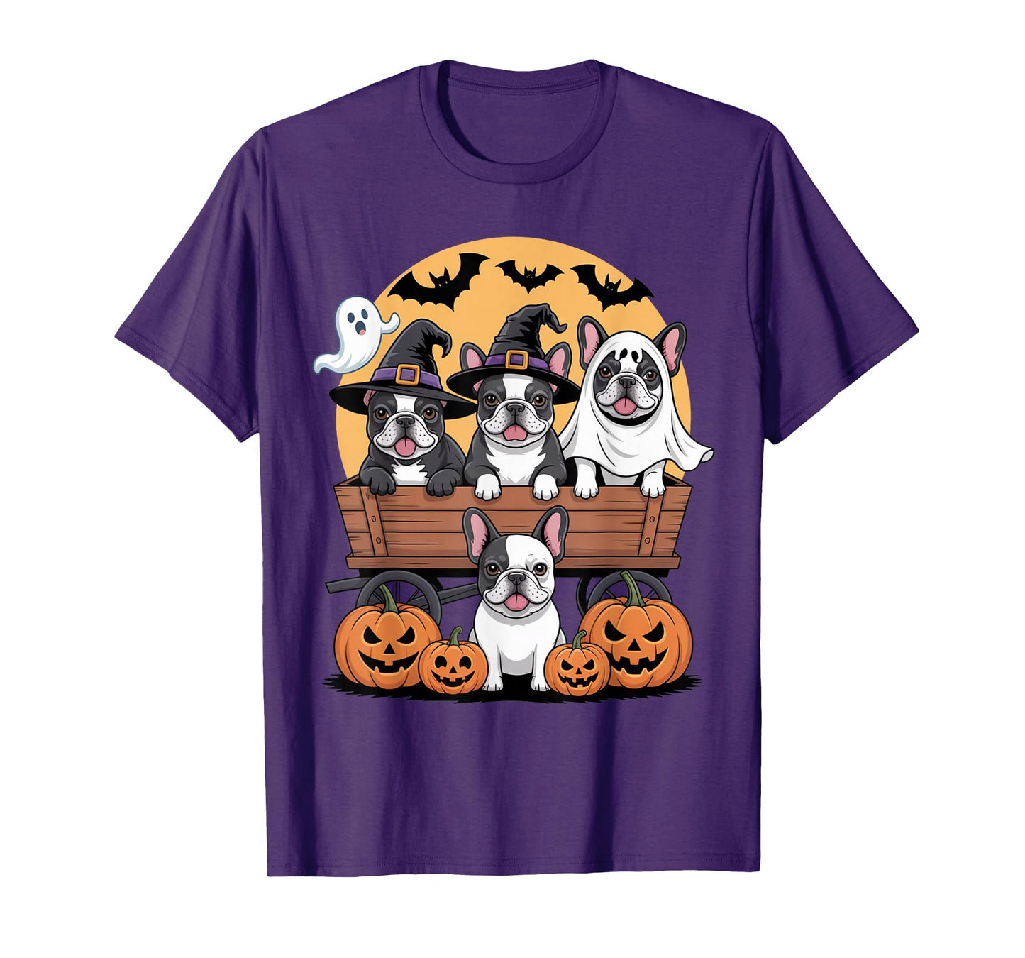 French Bulldog Halloween Wagon Witch Hats Bats Pumpkins T-Shirt