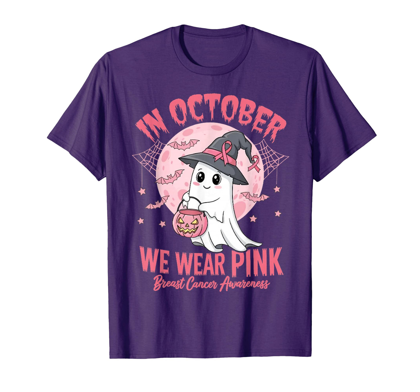 in October We Wear Pink Ghost Witch Breast Cancer Awareness T-Shirt