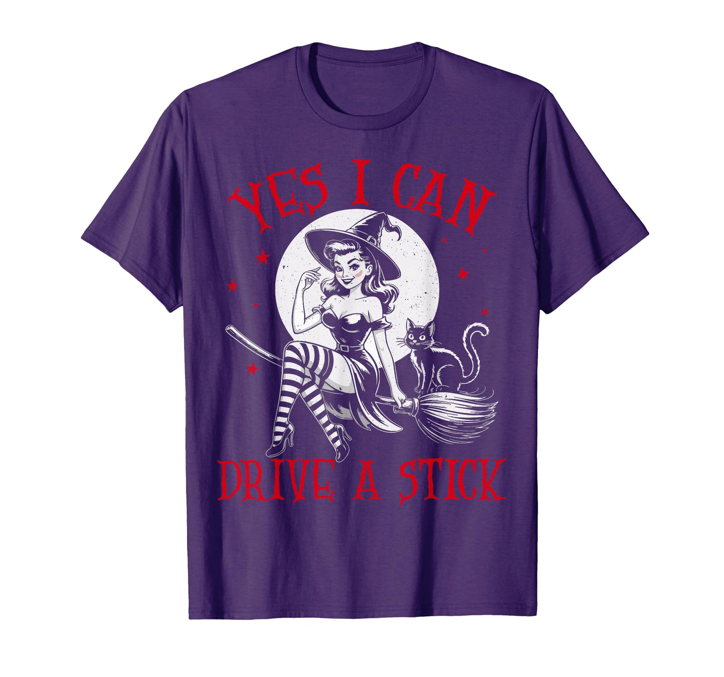 Yes I Can Drive A Stick Funny Halloween Spooky Witch Cat Mom T-Shirt