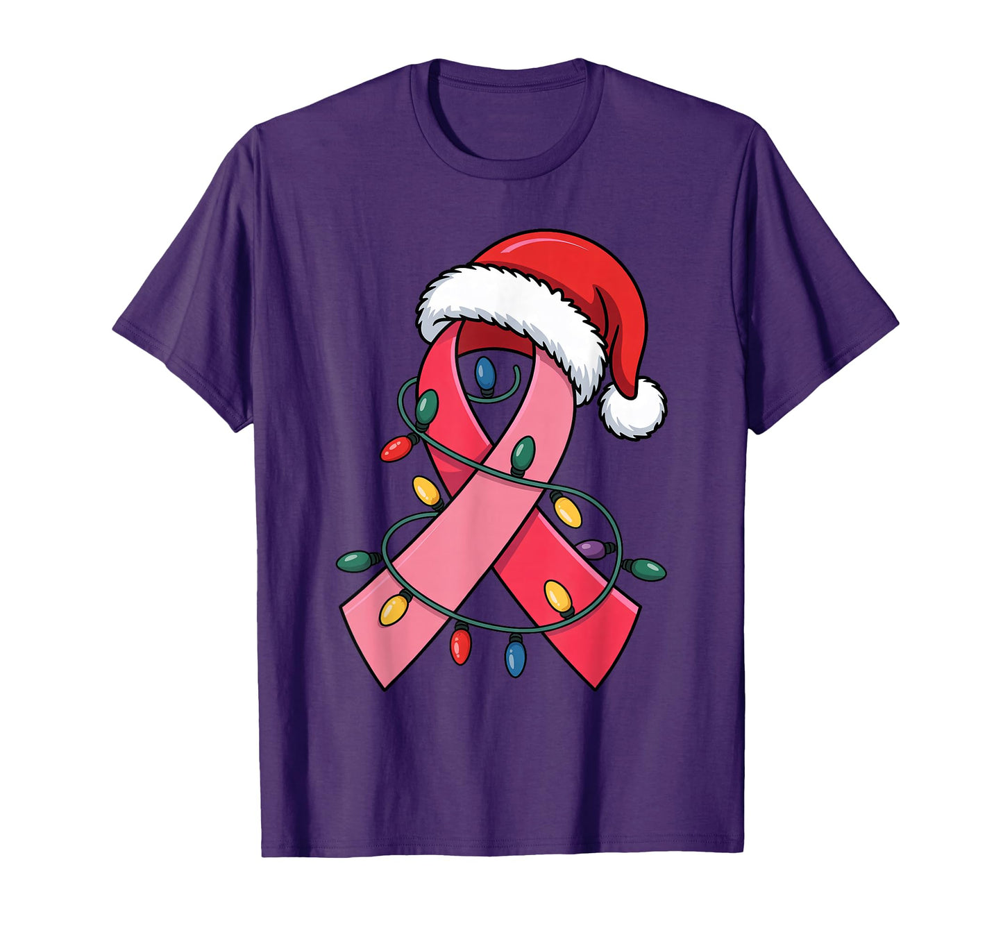 Pink Ribbon with Santa Hat Xmas Lights Breast Cancer Warrior T-Shirt