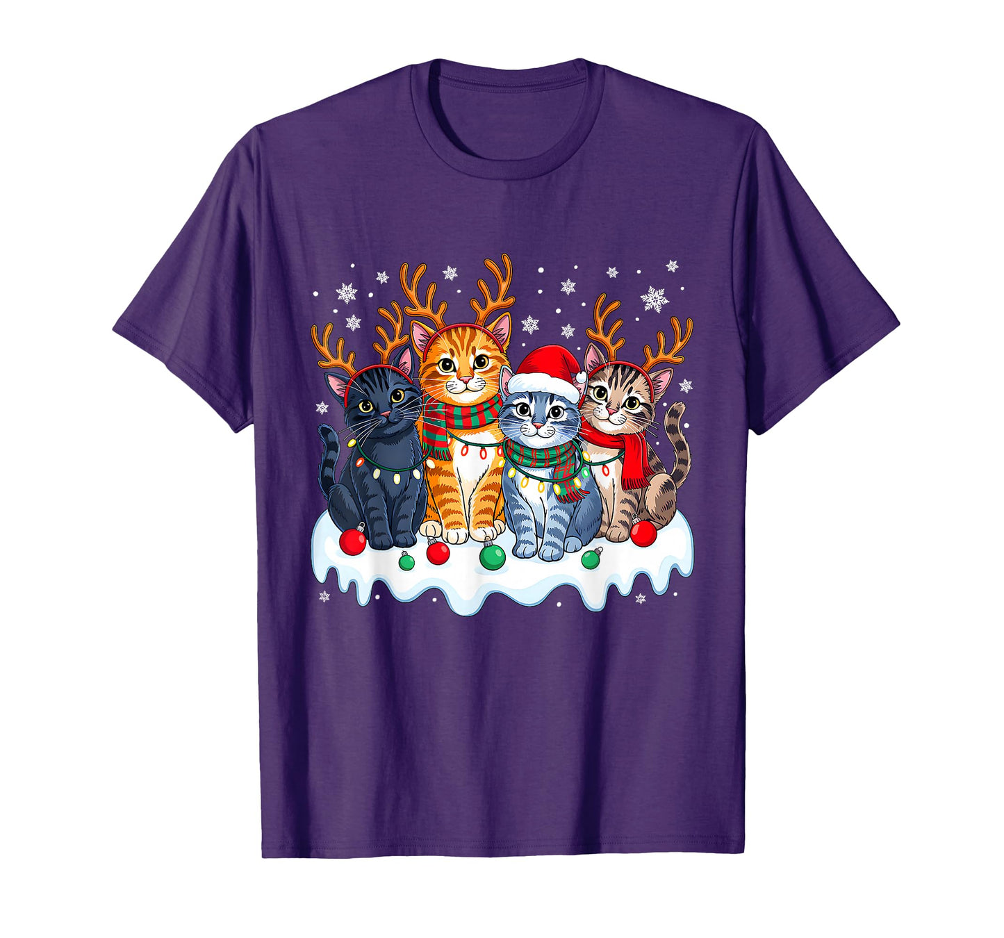 Cat Christmas Light Reindeer Santa Christmas Funny Cat Lover T-Shirt