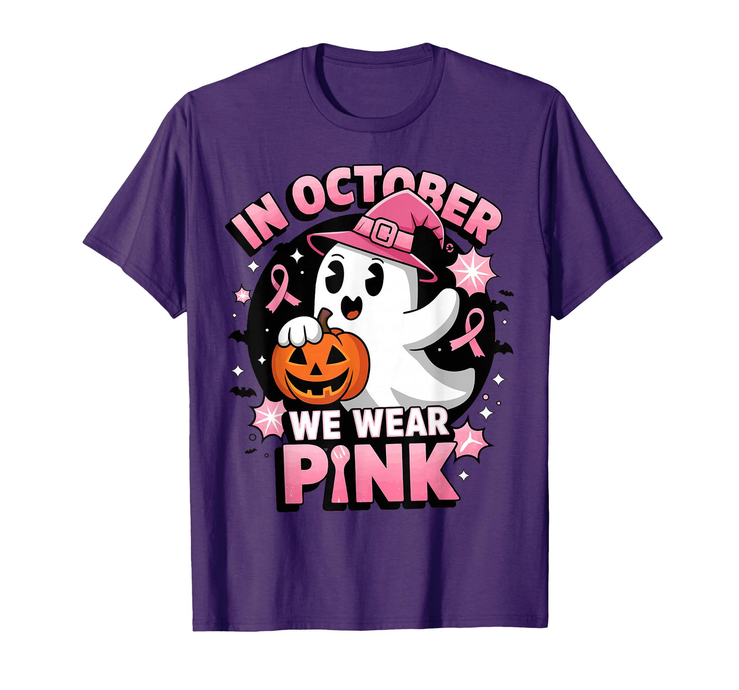 Ghost Witch in October We Wear Pink Breast Cancer Awareness T-Shirt