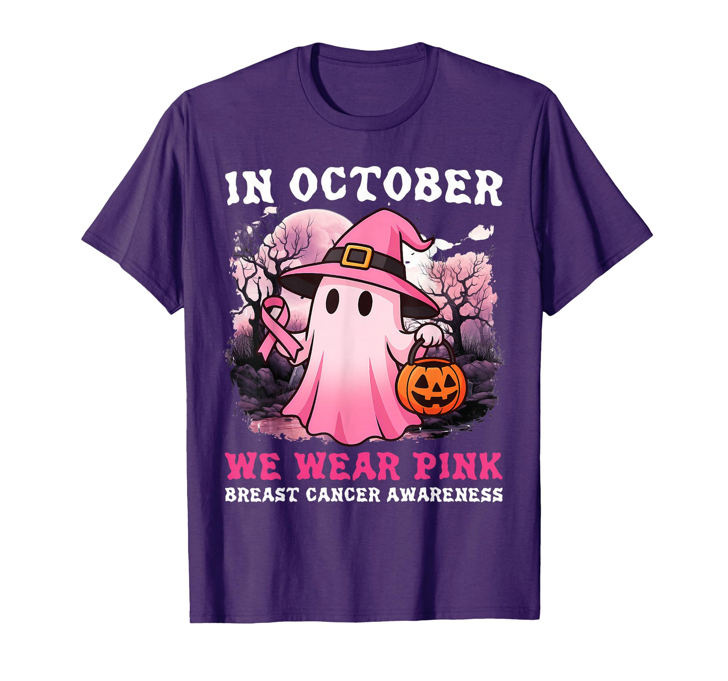 in October We Wear Pink Ghost Witch Breast Cancer Awareness T-Shirt