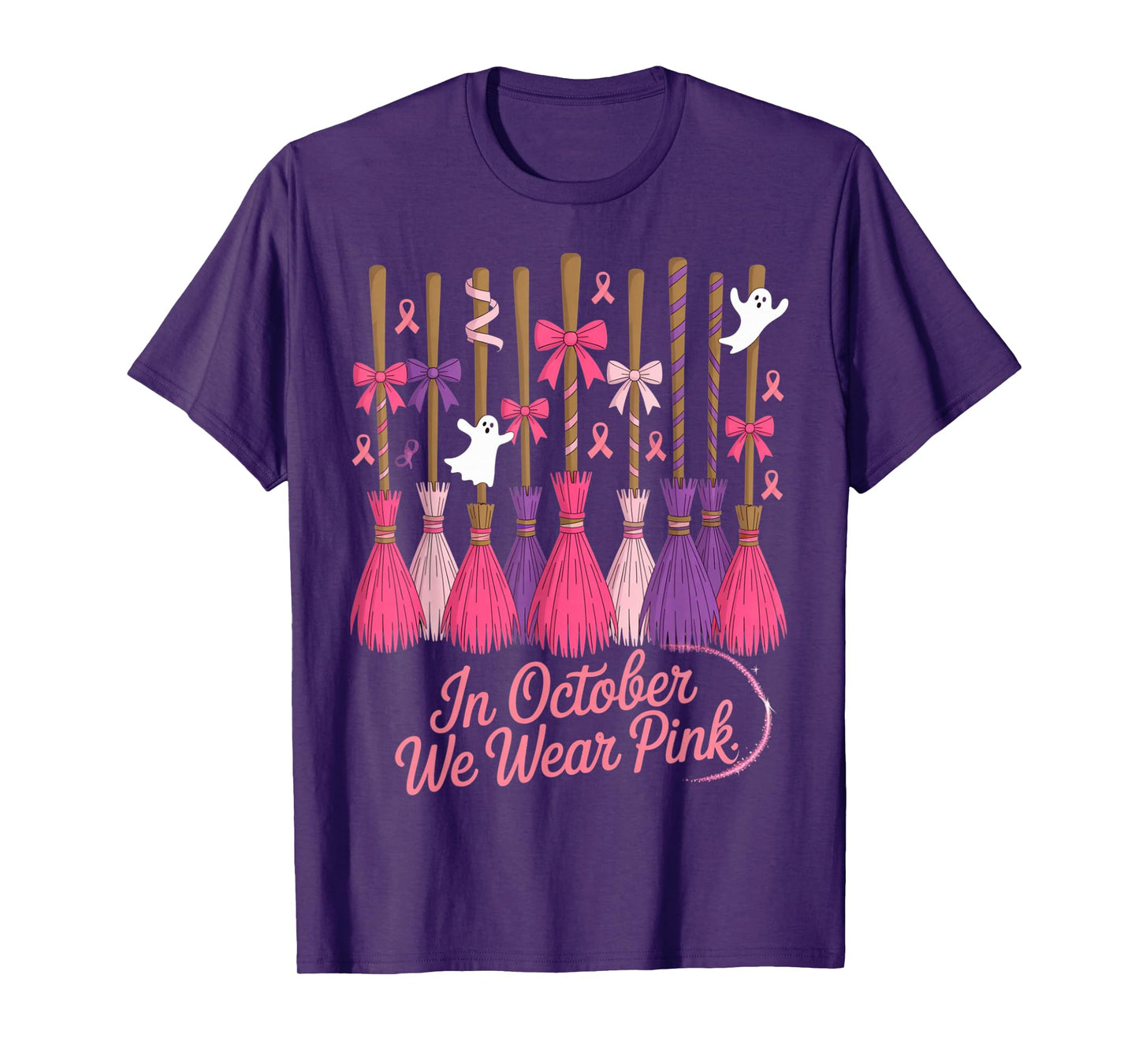 in October We Wear Pink Witches Brooms Spooky Breast Cancer T-Shirt